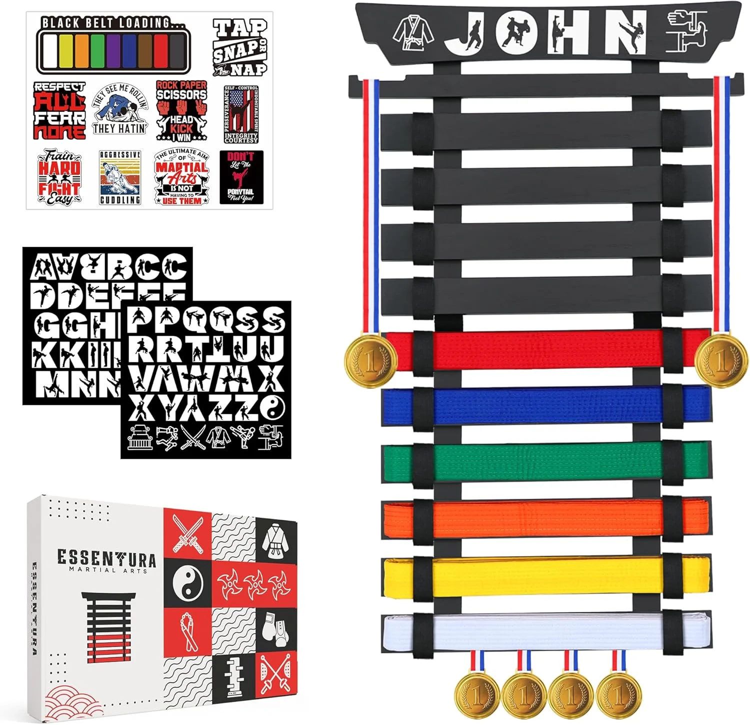 نگهدارنده کمربند کاراته، 10 کمربند، بامبو، استیکر تم دار، آویز مدال - نگهدارنده کمربند تکواندو، جیو جیتسو، BJJ، هنرهای رزمی