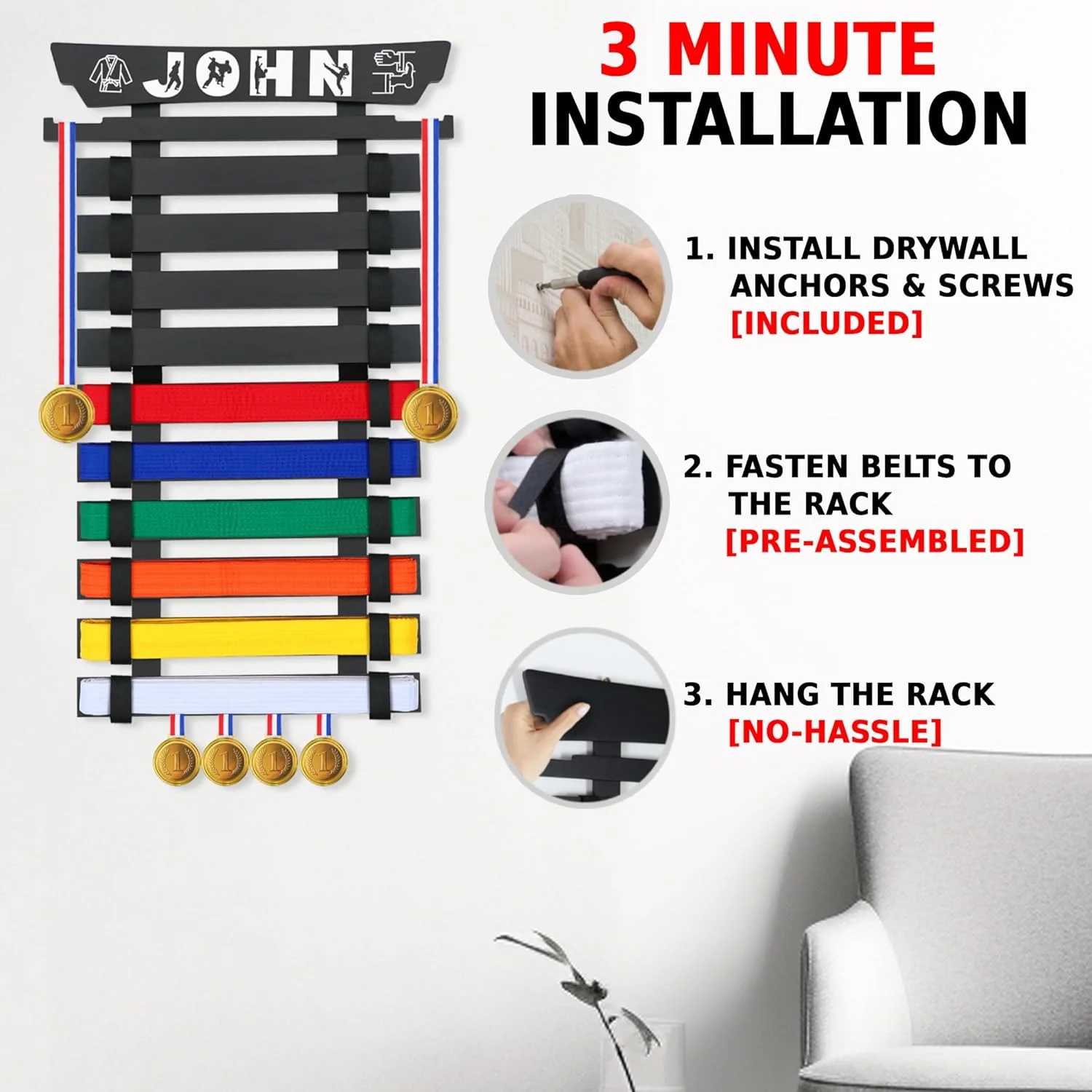 نگهدارنده کمربند کاراته، 10 کمربند، بامبو، استیکر تم دار، آویز مدال - نگهدارنده کمربند تکواندو، جیو جیتسو، BJJ، هنرهای رزمی