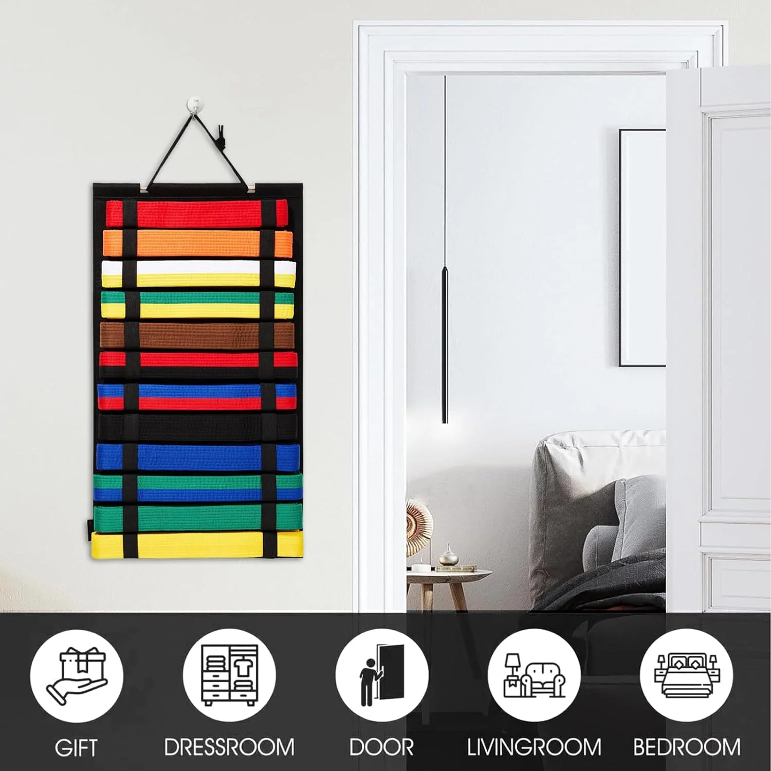 نگهدارنده کمربند کاراته، نمایشگر کمربند هنرهای رزمی، نمایشگر کمربند نمدی آویز، لوازم هنرجویان هنرهای رزمی، قفسه نگهداری دیواری برای درب کمد، اتاق نشیمن و اتاق مطالعه