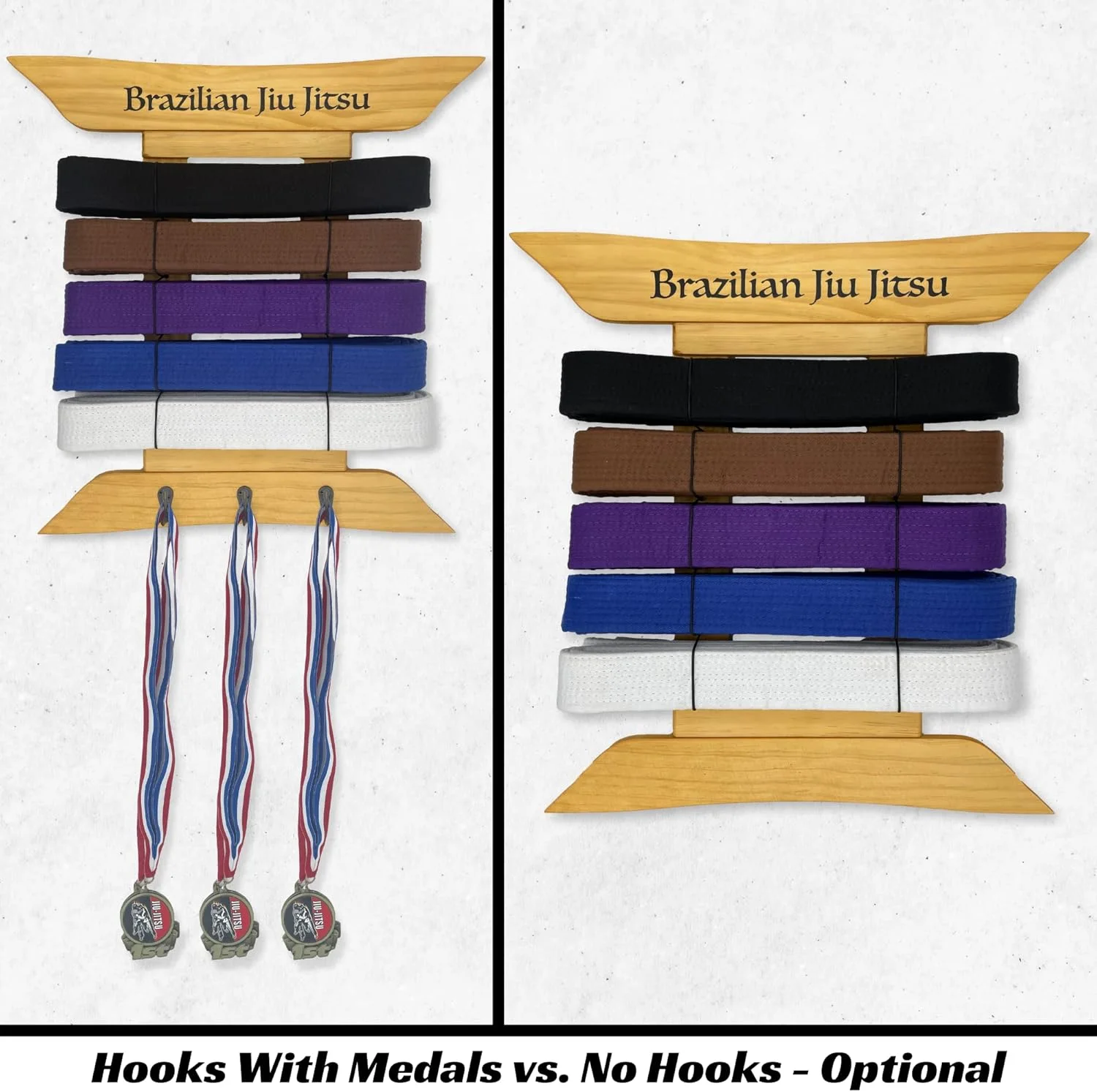 استند کمربند جوجیتسو برزیلی Alley Cats | قفسه کمربند BJJ برای 5 کمربند به همراه آویز مدال | از سفید تا مشکی | جا کمربندی هنرهای رزمی | هدیه برای ورزشکاران جوجیتسو | OSS