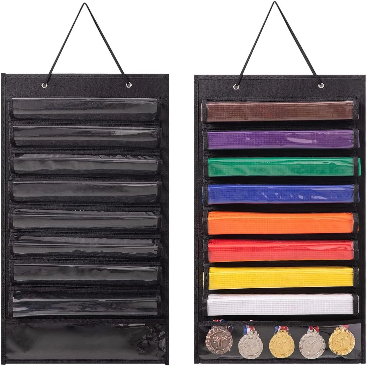 نگهدارنده کمربند هنرهای رزمی کاراته، تکواندو، قابل نصب روی دیوار، برای 8 کمربند، جای 5 مدال