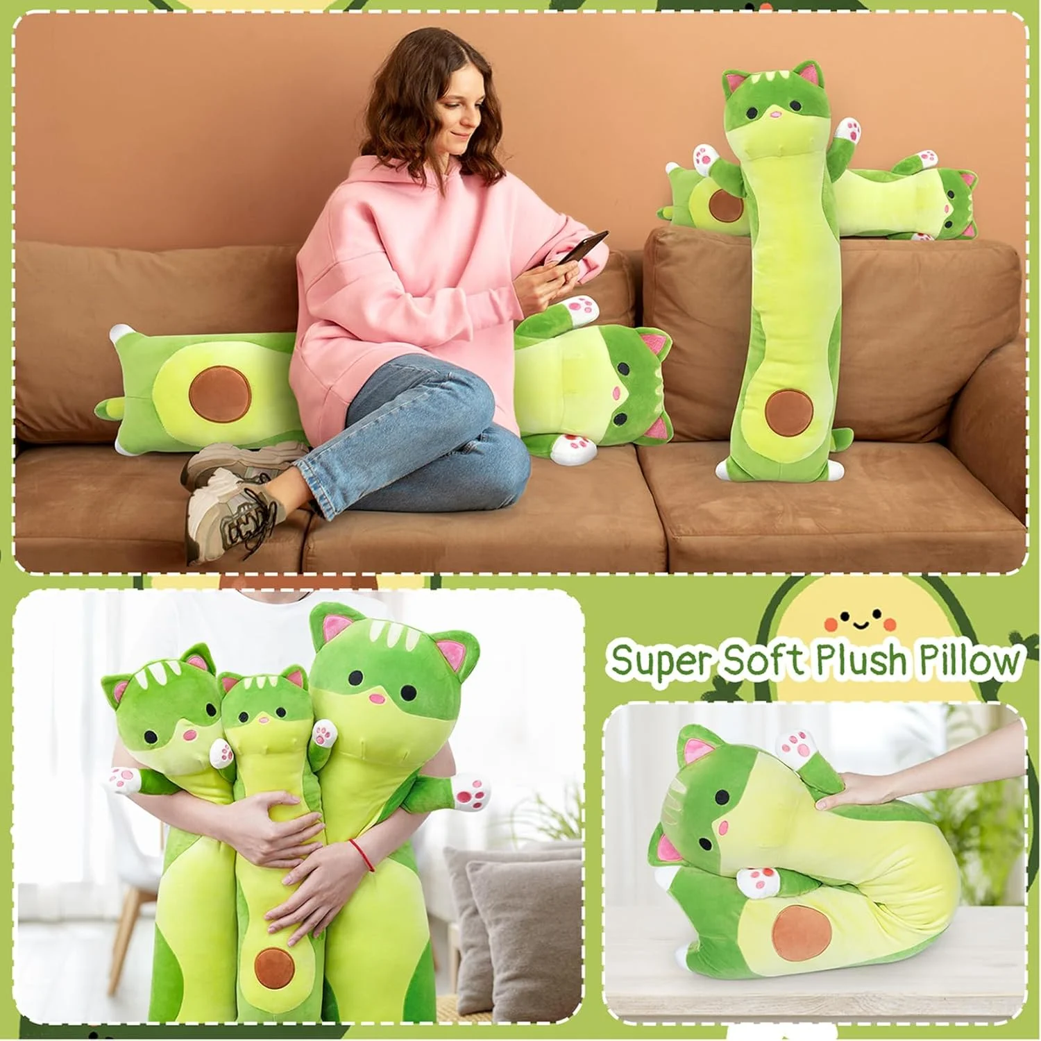 بالشت پولیشی گربه دراز، 90 سانتی متری پولیشی گربه دراز آووکادو، عروسک پولیشی بچه گربه غول پیکر، اسباب بازی های عروسکی نرم بچه گربه آووکادو برای تولد بچه ها کریسمس