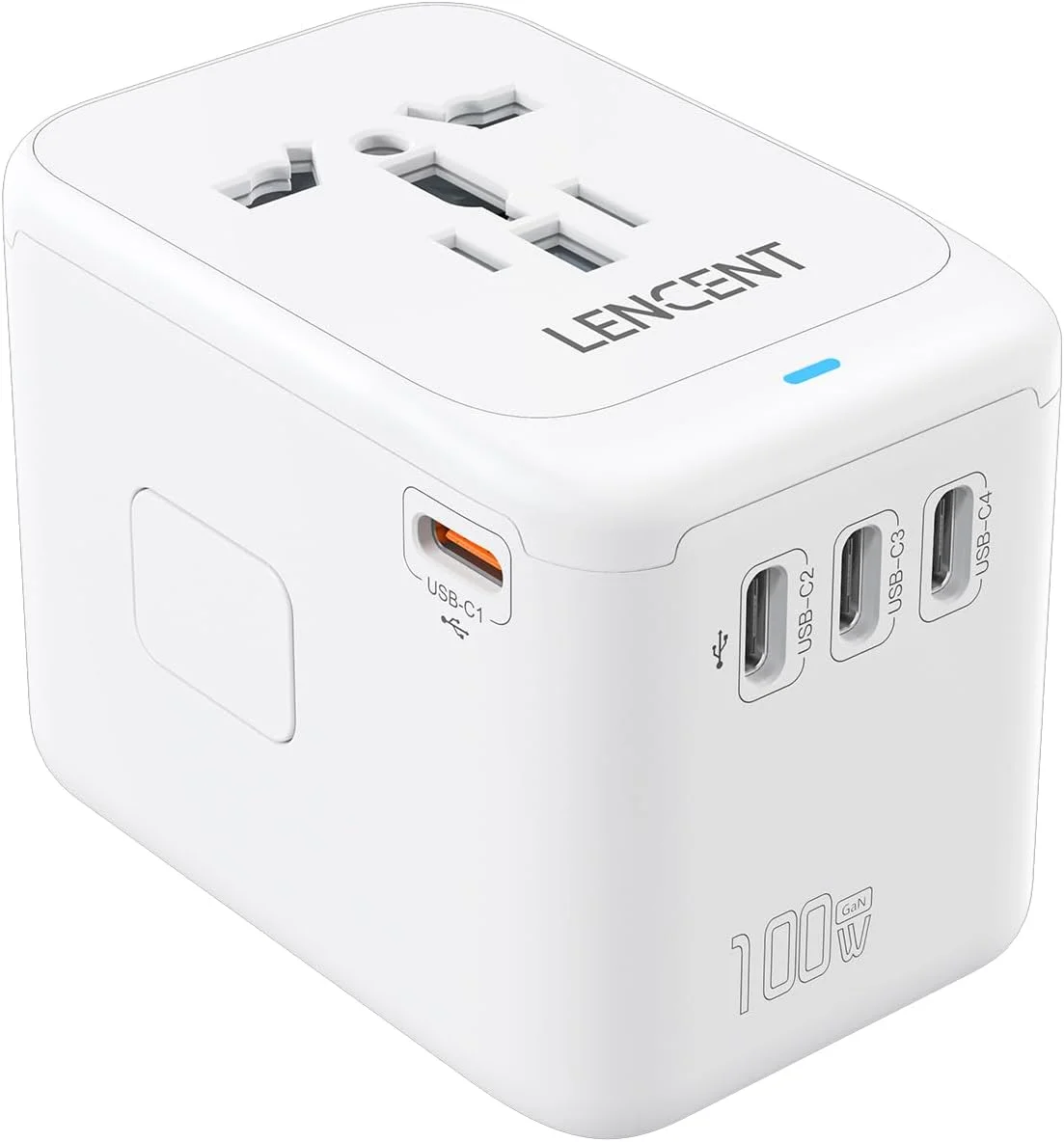 آداپتور مسافرتی بین المللی 100 واتی LENCENT، آداپتور مسافرتی جهانی GaN با 1 پورت USB-A و 4 پورت Type C، شارژر سریع برای تلفن، لپ تاپ، آداپتور پلاگین جهانی برای ایالات متحده آمریکا/انگلستان/اتحادیه اروپا/استرالیا، سفید