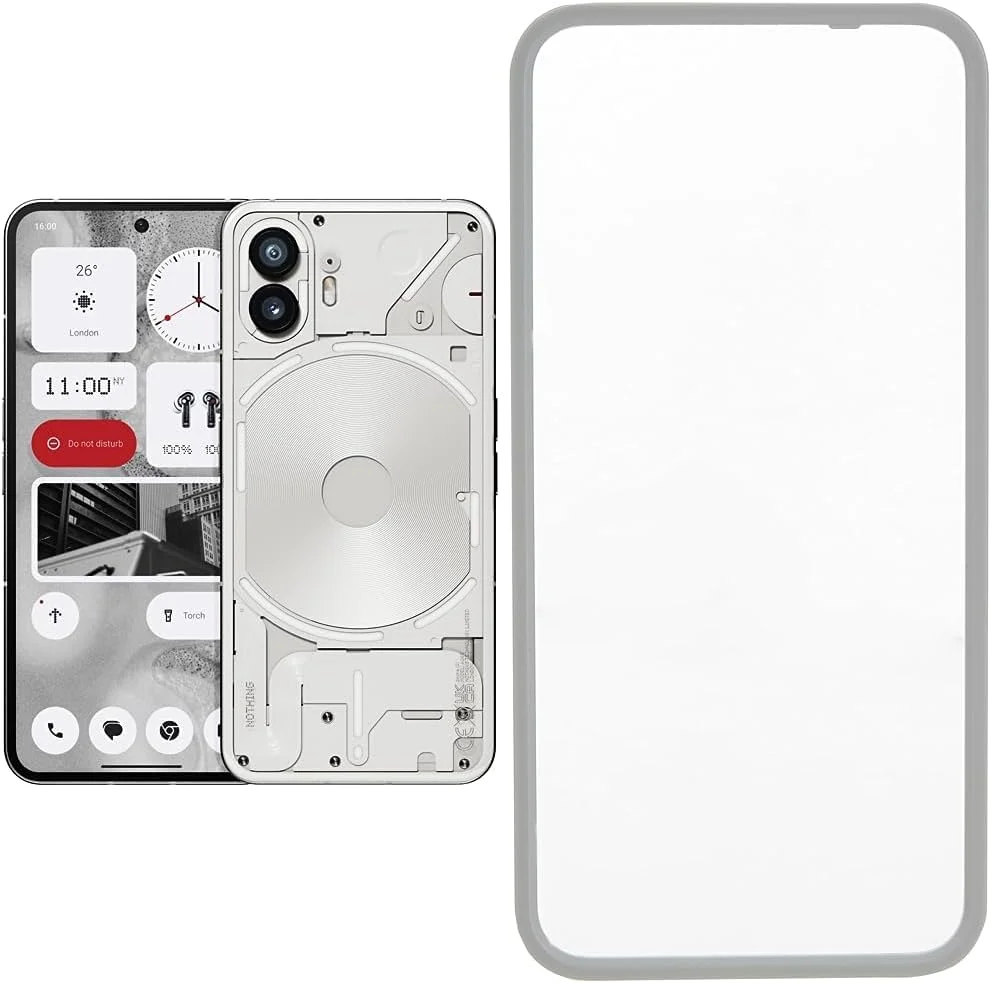 گوشی ناتینگ (2) با حافظه 12+256، رابط گلیف، سیستم عامل ناتینگ 2.0، دوربین دوگانه 50 مگاپیکسلی، باتری 4700 میلی آمپر ساعتی، ضد آب، گوشی هوشمند اندرویدی 5G، سفید، نسخه خاورمیانه + محافظ صفحه نمایش