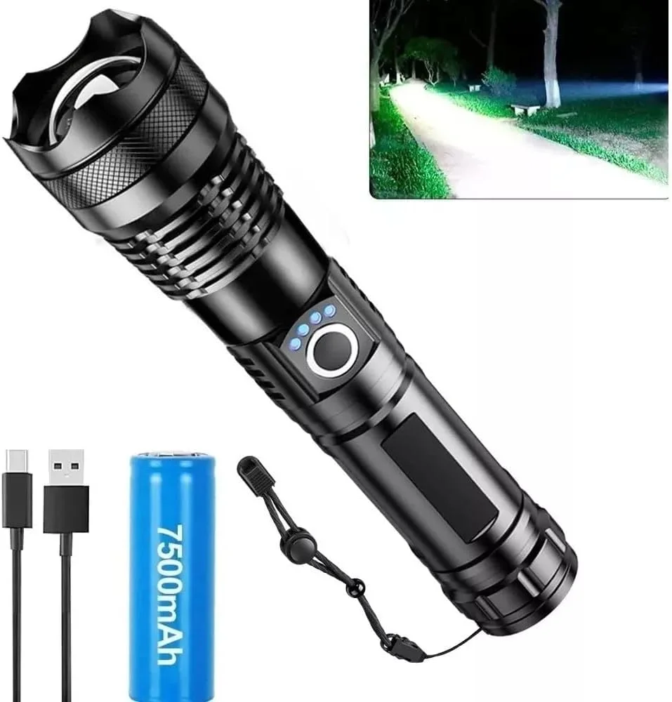 چراغ قوه LED با روشنایی 32000 لومن OMIRA، چراغ قوه دستی قابل شارژ با 5 حالت روشنایی و نمایشگر LCD میزان باتری، چراغ قوه ضد آب برای کمپینگ، فضای باز و مواقع اضطراری