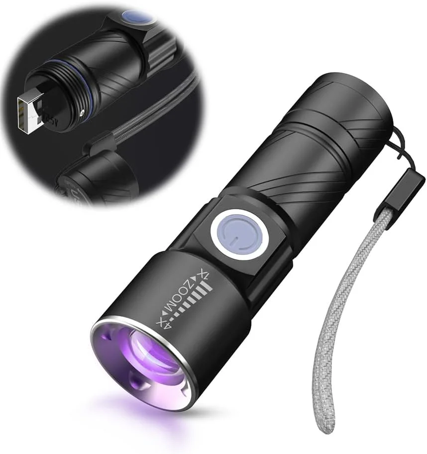 چراغ قوه فرابنفش Azonee، قابل شارژ با USB، طول موج 395 نانومتر، 3 حالت نوردهی، چراغ قوه کوچک قابل حمل برای تشخیص ادرار حیوانات خانگی، لکه ها، خشک کردن رزین و یافتن عقرب