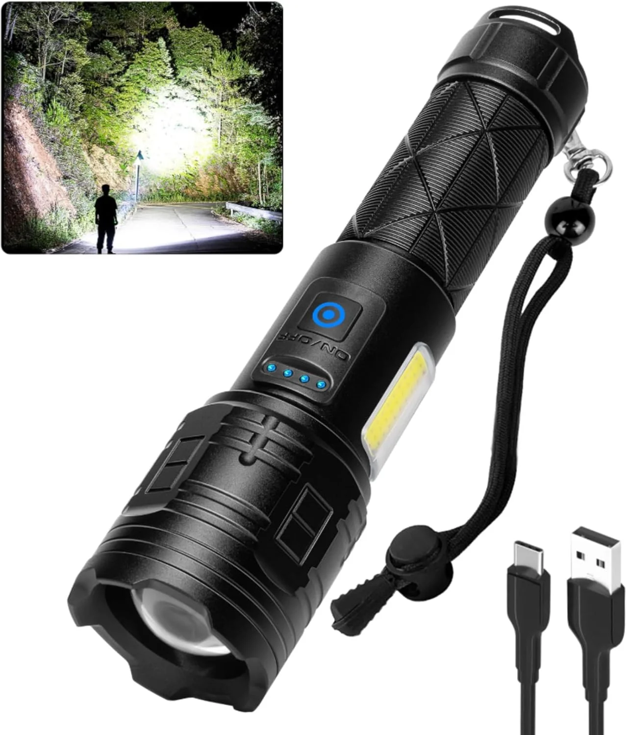 چراغ قوه LED جنزی، قابل تنظیم، لومن بالا، چراغ قوه تاکتیکی قدرتمند، P90، 7 حالت، فوق العاده روشن، ضد آب IP67، چراغ قوه دستی، مشعل، برای مواقع اضطراری، کمپینگ، پیاده روی، فضای باز