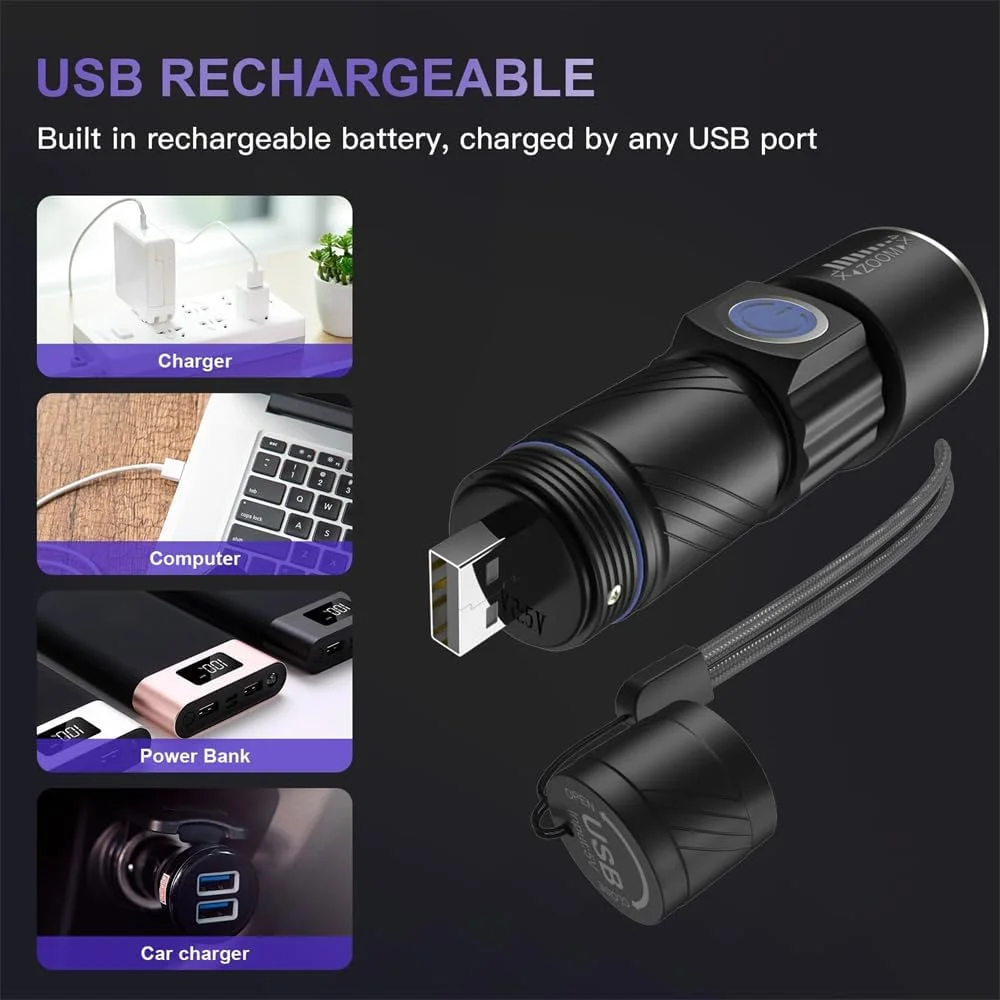 چراغ قوه فرابنفش Azonee، قابل شارژ با USB، طول موج 395 نانومتر، 3 حالت نوردهی، چراغ قوه کوچک قابل حمل برای تشخیص ادرار حیوانات خانگی، لکه ها، خشک کردن رزین و یافتن عقرب