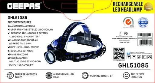 چراغ پیشانی LED شارژی جیپاس - باتری 1500 میلی آمپر ساعت با 4-6 ساعت کارکرد | 3 حالت چراغ قوه پیشانی دوچرخه سواری، کمپینگ و چراغ های اضطراری