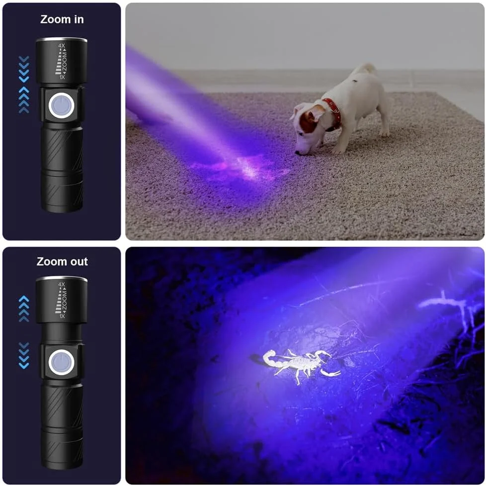 چراغ قوه فرابنفش Azonee، قابل شارژ با USB، طول موج 395 نانومتر، 3 حالت نوردهی، چراغ قوه کوچک قابل حمل برای تشخیص ادرار حیوانات خانگی، لکه ها، خشک کردن رزین و یافتن عقرب