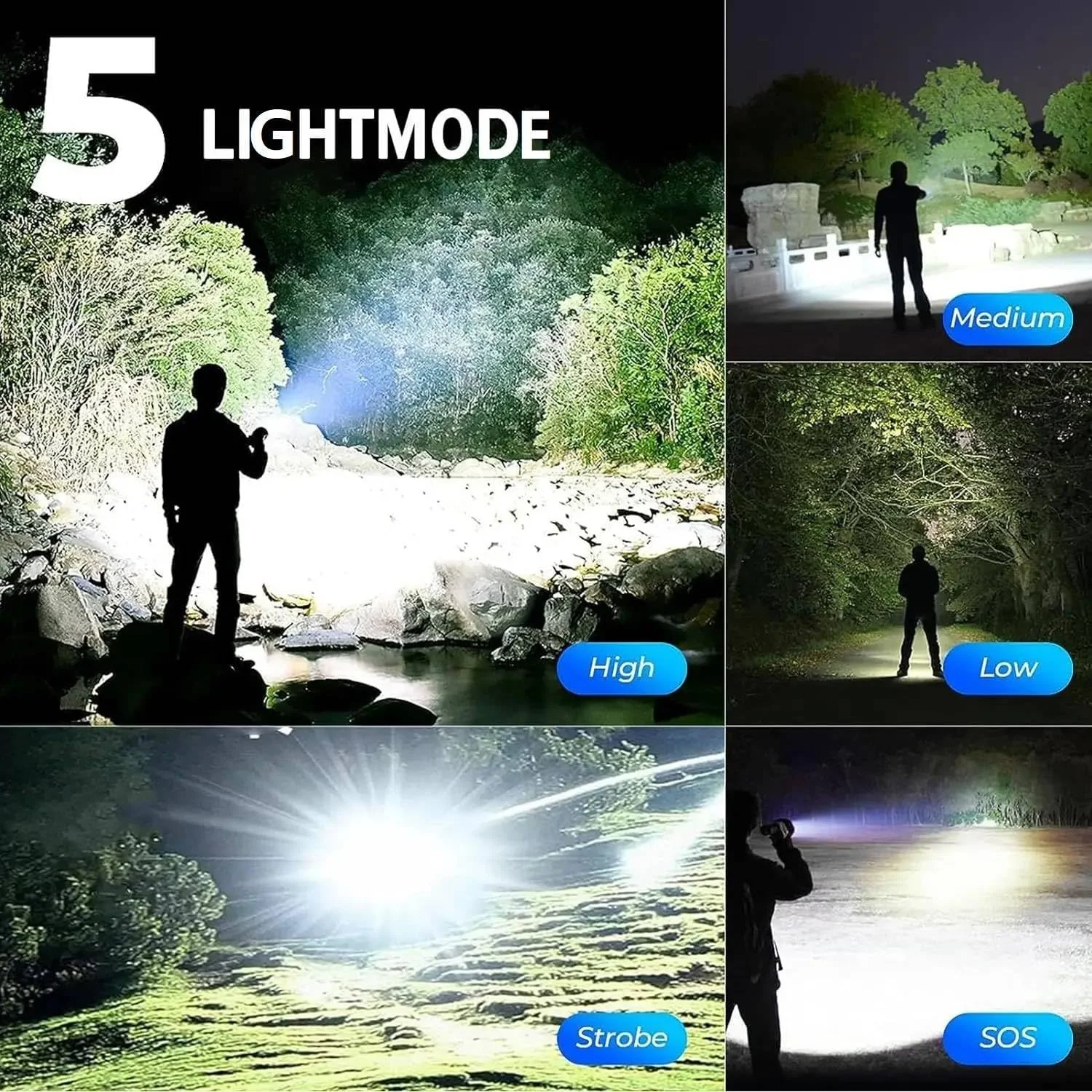 چراغ قوه LED شارژی LUXNOVAQ 200000 لومن، چراغ قوه LED فوق العاده روشن XHP70، چراغ قوه دستی تاکتیکی با 5 حالت، چراغ قوه کمپینگ ضد آب قابل تنظیم برای پیاده روی، شرایط اضطراری