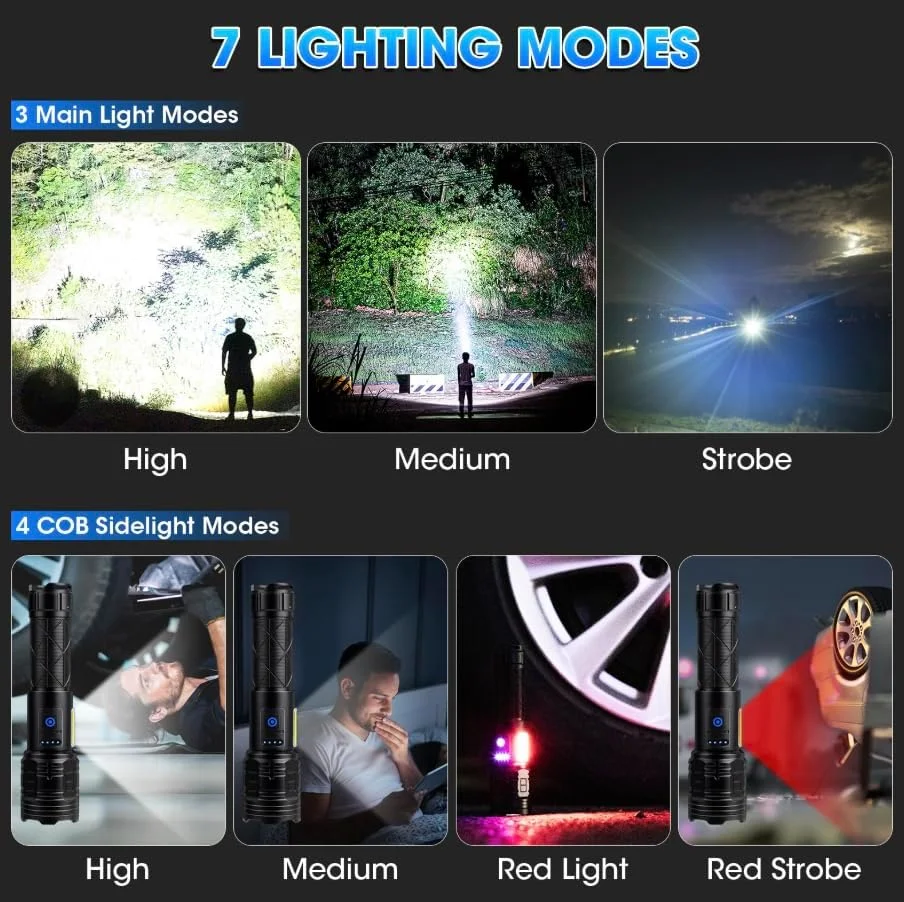 چراغ قوه LED جنزی، قابل تنظیم، لومن بالا، چراغ قوه تاکتیکی قدرتمند، P90، 7 حالت، فوق العاده روشن، ضد آب IP67، چراغ قوه دستی، مشعل، برای مواقع اضطراری، کمپینگ، پیاده روی، فضای باز