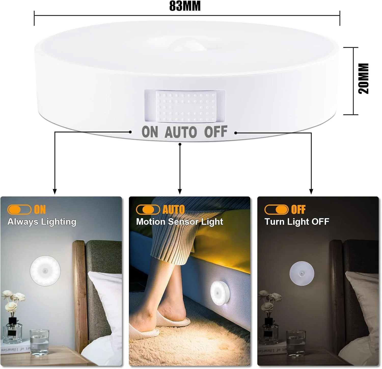 چراغ حسگر حرکتی 6 عددی برای فضای داخلی [14 LED ارتقا یافته]، چراغ خواب قابل شارژ USB، باتری با عمر طولانی و 3 حالت نور، چراغ خواب مغناطیسی بی سیم برای کمد، پله ها، راهرو - سفید