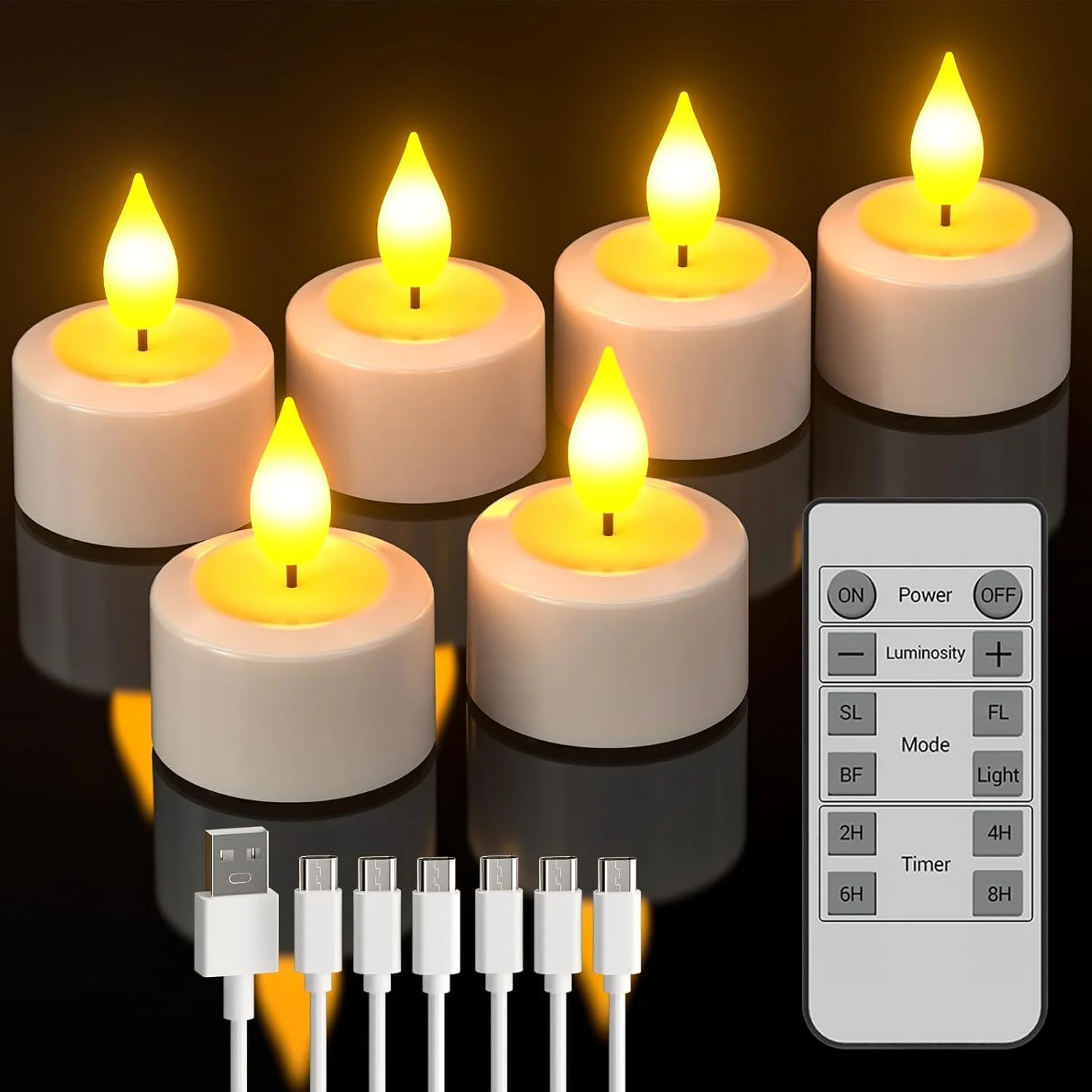 چراغ‌های چای شارژی SoulBay با کنترل از راه دور، 6 عدد شمع LED بدون شعله برقی با تایمر و کابل USB برای دکوراسیون منزل، فانوس، میز، مهمانی، اتاق خواب، تعطیلات، بدون نیاز به باتری