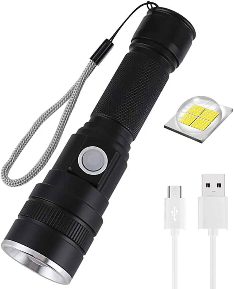 چراغ قوه LED، چراغ قوه های قابل شارژ USB، چراغ قوه فوق العاده روشن 6000 لومن P50، چراغ قوه تاکتیکی ضد آب قابل شارژ با زوم برای کمپینگ، پیاده روی و موارد اضطراری باتری داخلی