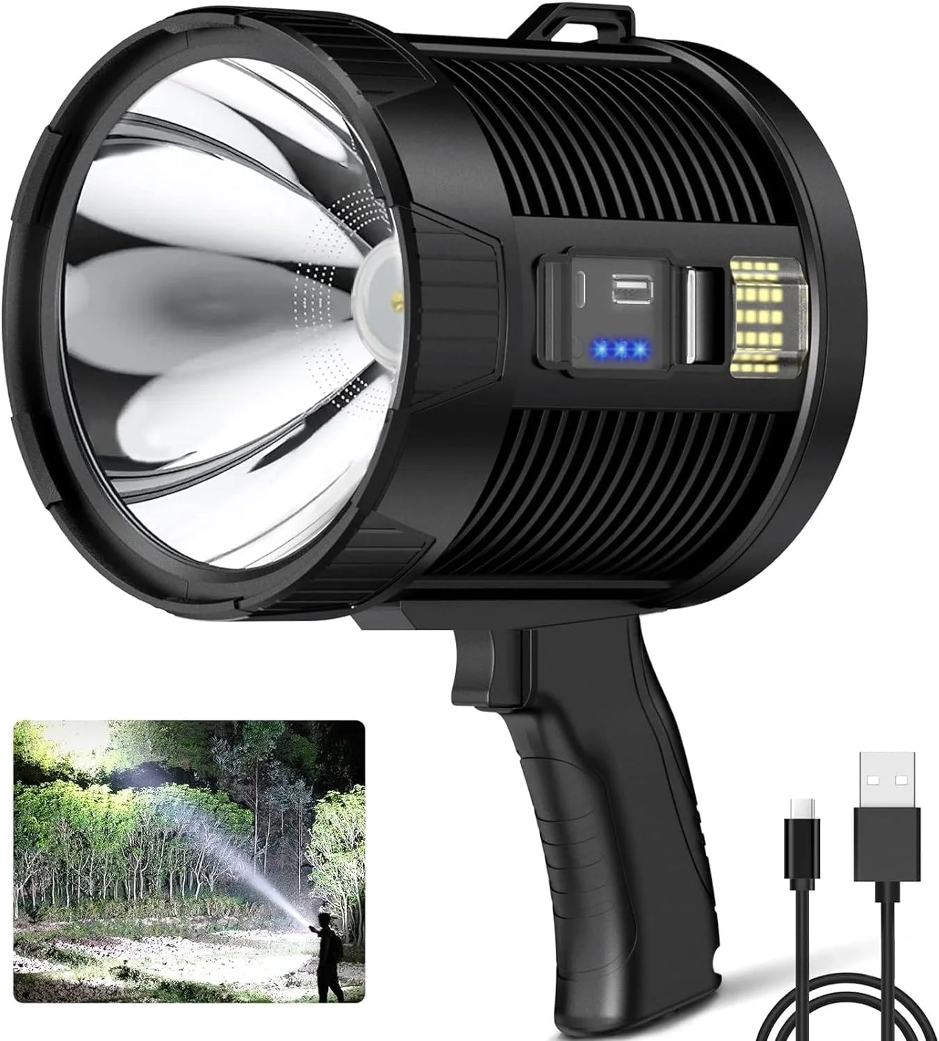 چراغ قوه دستی شارژی 100000 لومن، چراغ قوه LED بزرگ و قدرتمند با نور COB، 6 حالت، نورافکن خورشیدی فوق العاده روشن برای شکار، کمپینگ، مواقع اضطراری