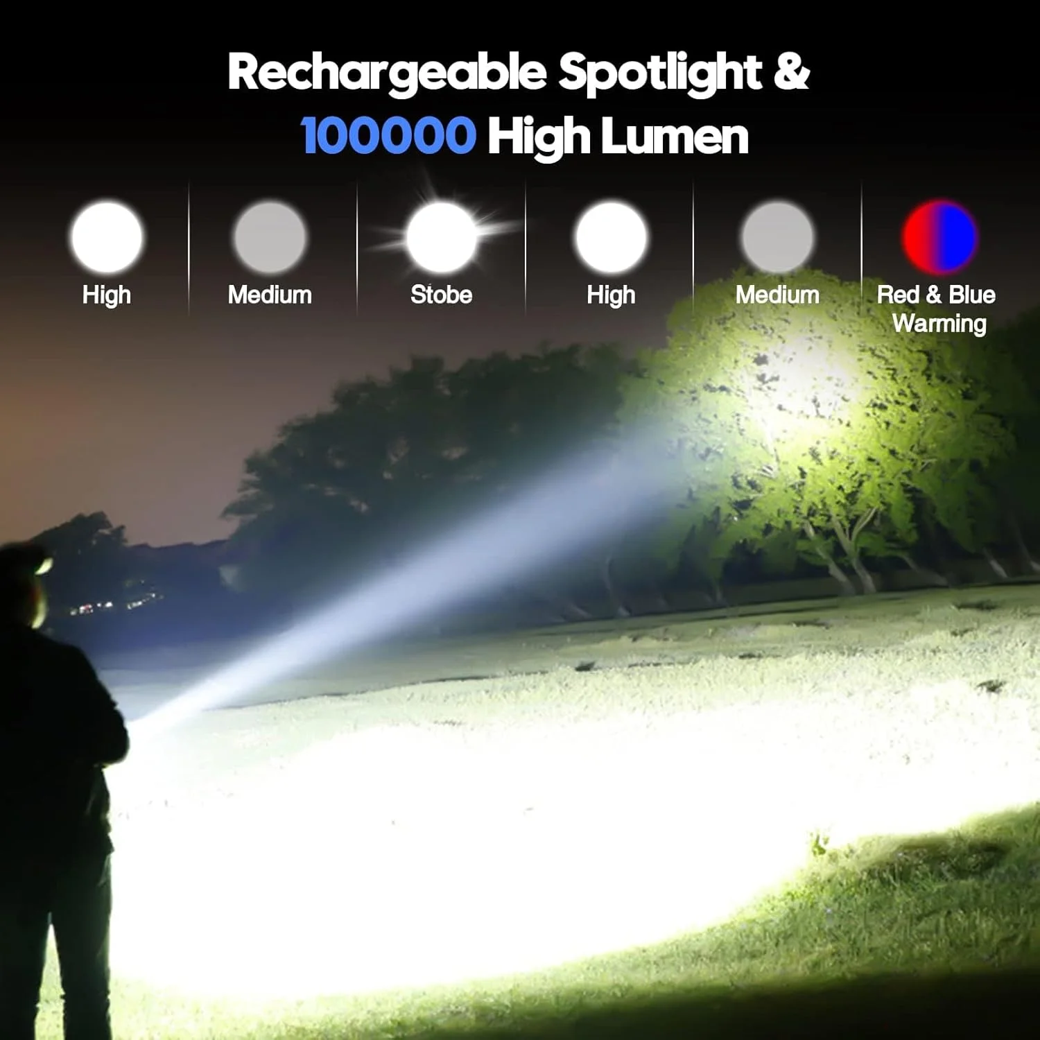 چراغ قوه دستی شارژی 100000 لومن، چراغ قوه LED بزرگ و قدرتمند با نور COB، 6 حالت، نورافکن خورشیدی فوق العاده روشن برای شکار، کمپینگ، مواقع اضطراری