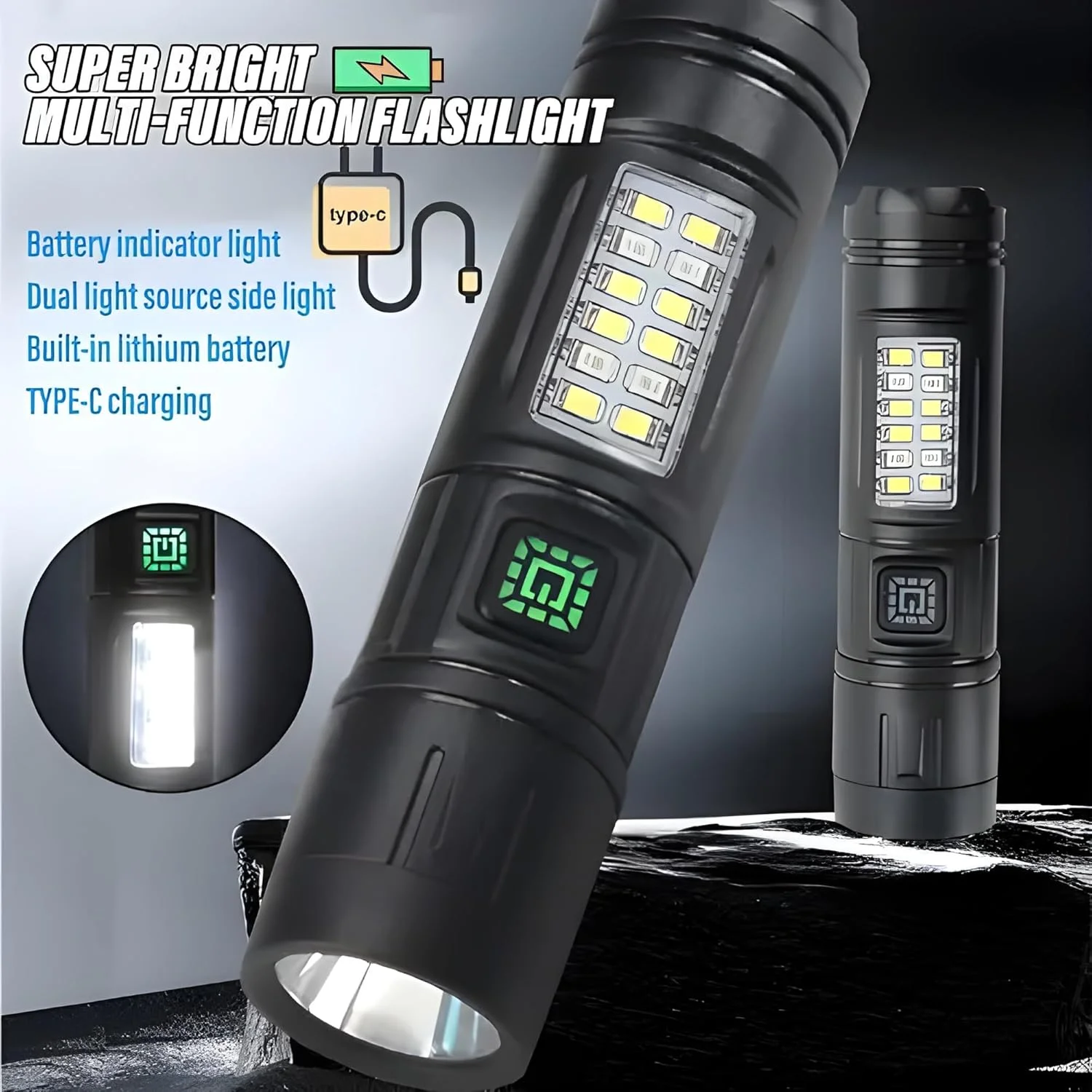 چراغ قوه شارژی QLIGHT (دو عددی)، چراغ قوه LED با نور بالا 2000 لومن، چراغ قوه دستی بادوام و قدرتمند با چراغ جانبی COB، 5 حالت نوردهی، چراغ قوه برای کمپینگ و پیاده روی