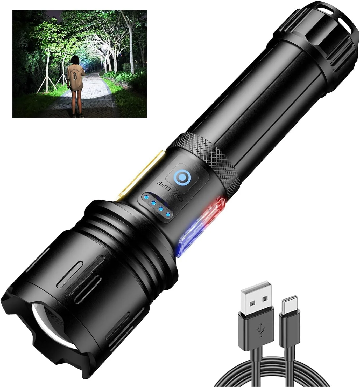 چراغ قوه دستی شارژی LED Skylla 30000 لومن، چراغ قوه با 10 حالت روشنایی به همراه چراغ کار COB، چراغ قوه ضد آب زوم‌دار مناسب کمپینگ، پیاده‌روی اضطراری و ماهیگیری