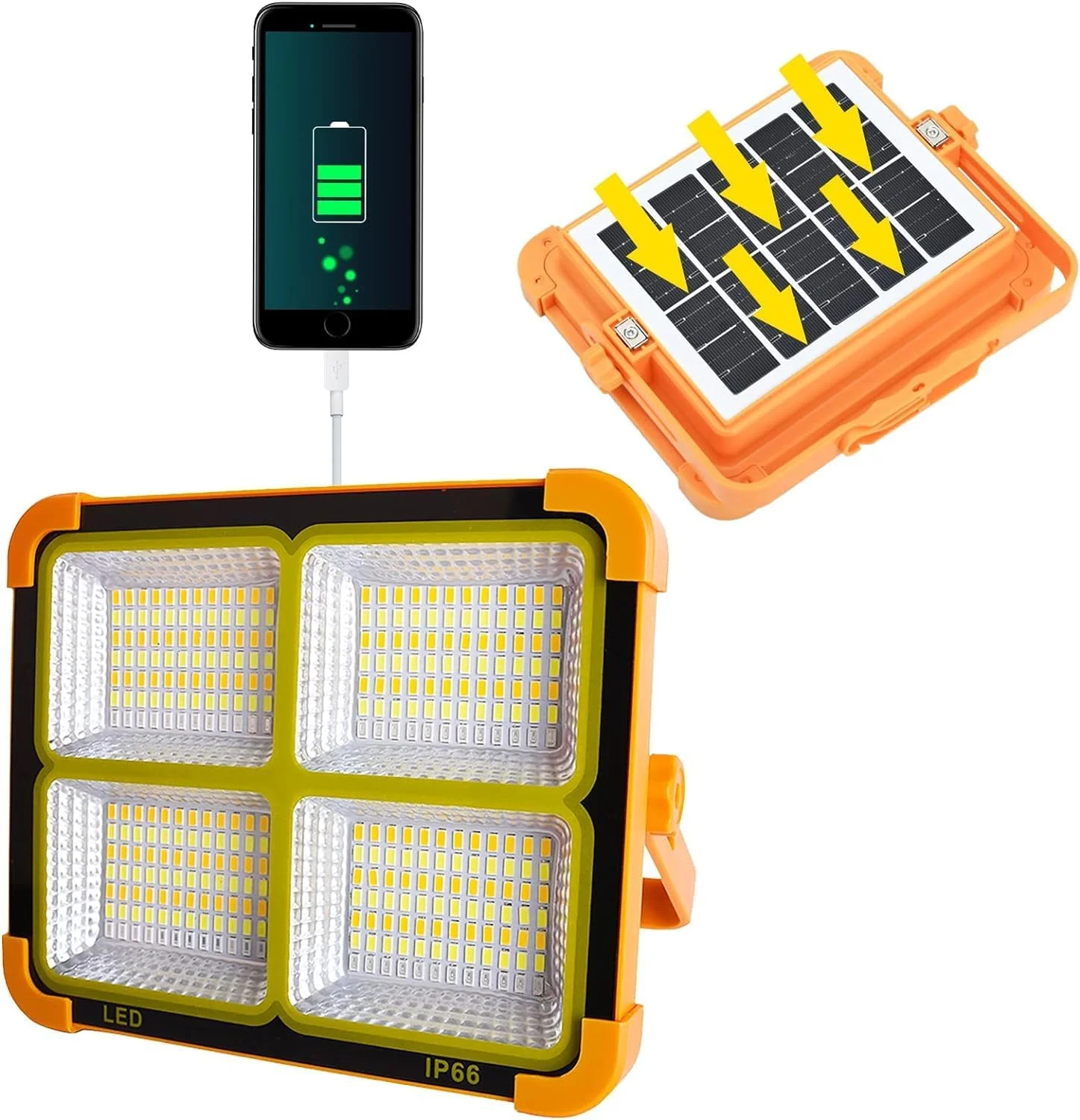 چراغ کار LED خورشیدی ECVV، چراغ قوه قابل حمل USB قابل شارژ 200 وات با 4 حالت روشنایی ضد آب 3000LM برای کمپینگ در فضای باز، ماهیگیری، پیاده روی، تعمیر خودرو و مواقع اضطراری