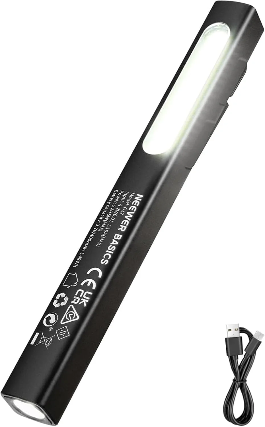 چراغ قوه قلمی LED جیبی 2 در 1 نیوئر BASICS مدل G32 با نور جانبی COB، 5 وات 388 لومن، دارای باتری قابل شارژ 400 میلی آمپر، گیره مغناطیسی برای تعمیر، کمپینگ و استفاده اضطراری