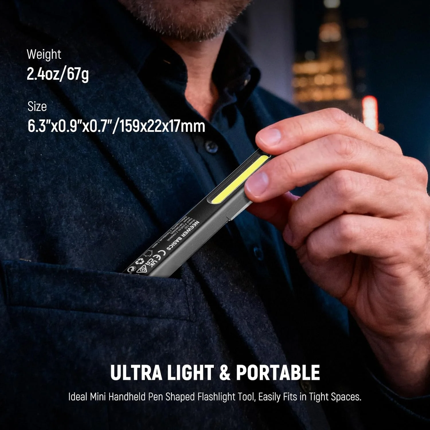 چراغ قوه قلمی LED جیبی 2 در 1 نیوئر BASICS مدل G32 با نور جانبی COB، 5 وات 388 لومن، دارای باتری قابل شارژ 400 میلی آمپر، گیره مغناطیسی برای تعمیر، کمپینگ و استفاده اضطراری