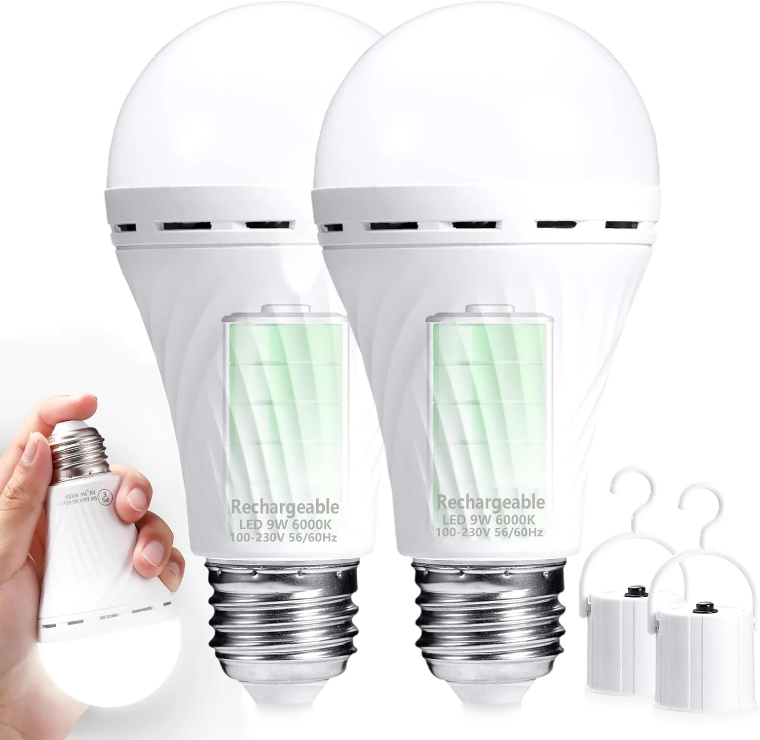 لامپ LED شارژی اضطراری DanYee 2400mAh 9W 6000K معادل 60 وات (سفید، بسته 2 عددی)