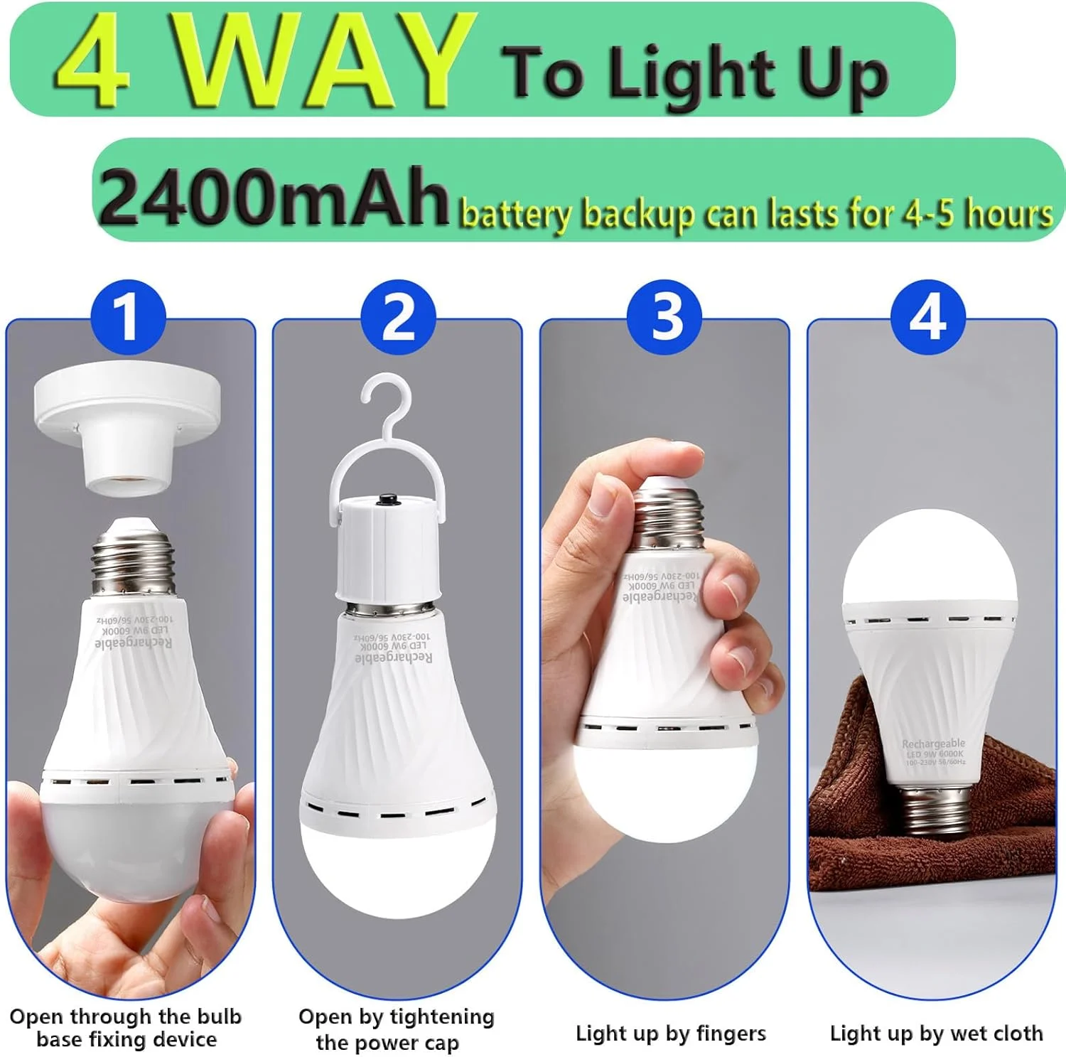 لامپ LED شارژی اضطراری DanYee 2400mAh 9W 6000K معادل 60 وات (سفید، بسته 2 عددی)