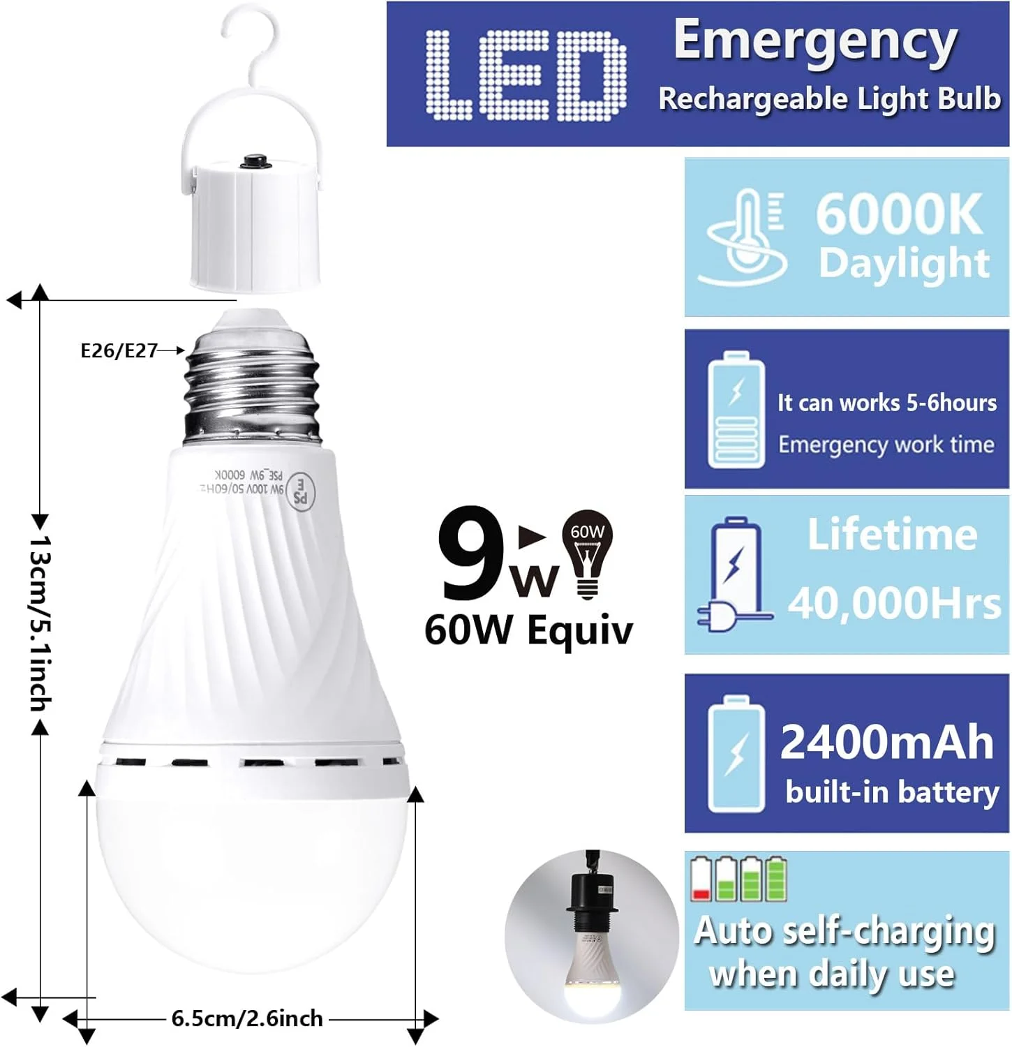 لامپ LED شارژی اضطراری DanYee 2400mAh 9W 6000K معادل 60 وات (سفید، بسته 2 عددی)