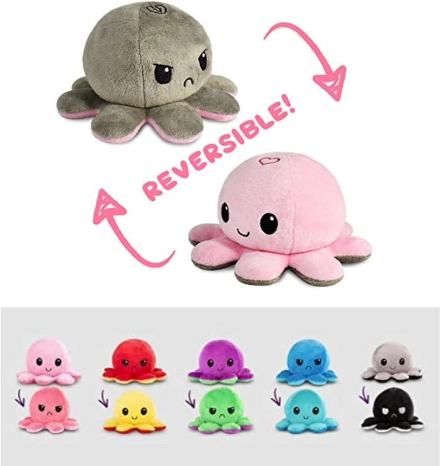 عروسک اختاپوس پولیشی دو رو، اسباب بازی نرم و لطیف، حیوان پولیشی دو طرفه برای نشان دادن حال و هوای شما بدون گفتن یک کلمه، هدیه ای برای کودکان و تزئینات، صورتی و خاکستری (عشق + نفرت)
