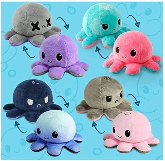 عروسک اختاپوس پولیشی دو رو، اسباب بازی نرم و لطیف، حیوان پولیشی دو طرفه برای نشان دادن حال و هوای شما بدون گفتن یک کلمه، هدیه ای برای کودکان و تزئینات، صورتی و خاکستری (عشق + نفرت)