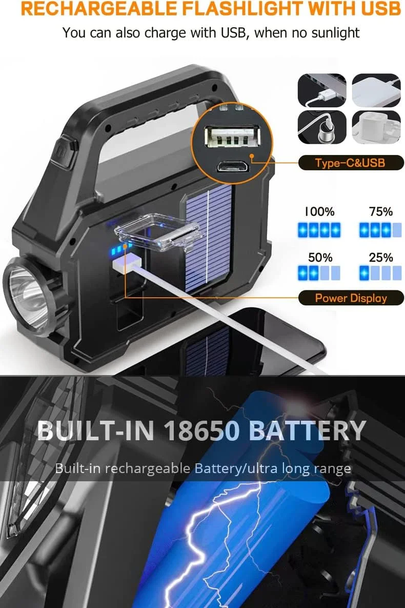 چراغ قوه دستی خورشیدی، چراغ های فانوسی LED قابل شارژ با 6 حالت، نورافکن LED فوق العاده روشن، چراغ های کار قابل حمل ضد آب و سبک وزن برای ماهیگیری، کمپینگ در فضای باز و مواقع اضطراری