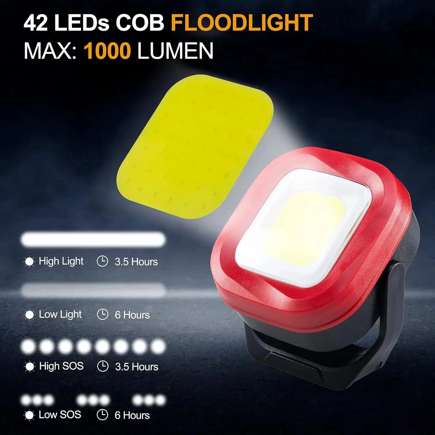 چراغ کار LED، 42 LED با روشنایی 1000 لومن، چراغ کار قابل شارژ، چراغ قوه مغناطیسی قابل حمل برای کمپینگ در فضای باز، پیاده روی، مواقع اضطراری، تعمیر خودرو و روشنایی ضد آب محل کار - 2400mAh، 1 عدد