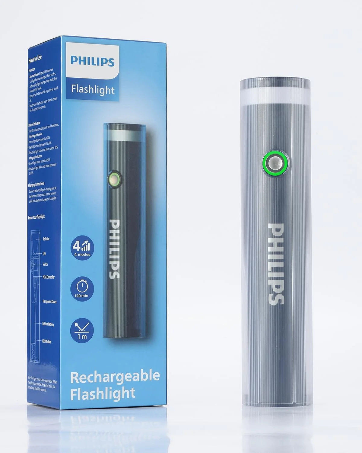 چراغ قوه قابل حمل فیلیپس با چراغ کمپینگ، چراغ قوه LED قابل شارژ 400 لومن، 4 حالت نورپردازی، پوشش 150 متری، چراغ قوه دستی ضد افتادن برای خانه، کمپینگ، پیاده روی، مواقع اضطراری (خاکستری)