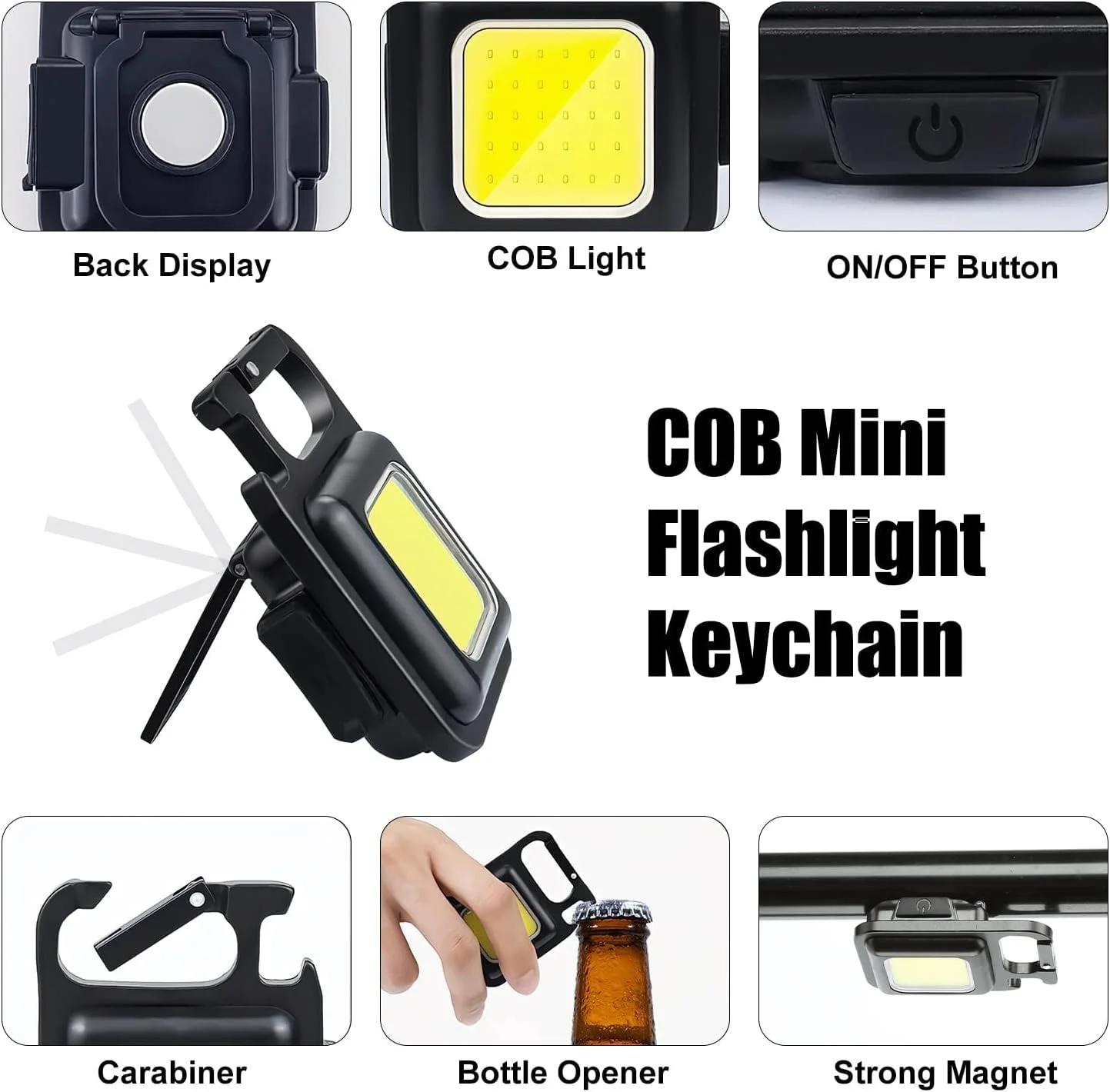 چراغ قوه مینی پروتون، 800 لومن COB، چراغ قوه های شارژی روشن جاکلیدی، 4 حالت نور، چراغ جیبی قابل حمل با براکت تاشو، درب بازکن بطری و پایه مغناطیسی برای کمپینگ، ماهیگیری، پیاده روی