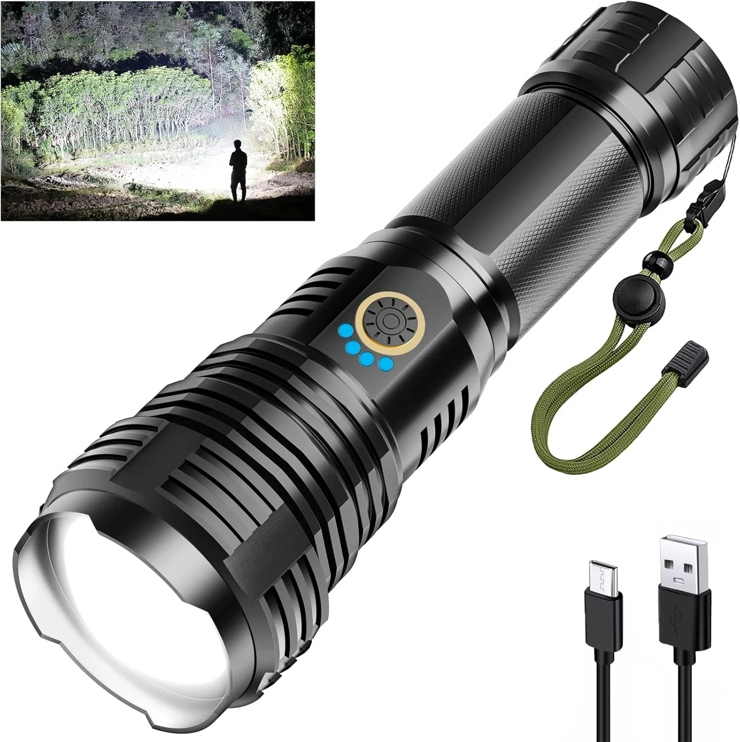 چراغ قوه شارژی 900000 لومن بالا، چراغ قوه ال ای دی پر قدرت، چراغ قوه تاکتیکی قدرتمند XHP70.2 با قابلیت زوم، 5 حالت نوردهی، ضد آب IPX7، چراغ قوه برای کمپینگ، پیاده روی، مواقع اضطراری