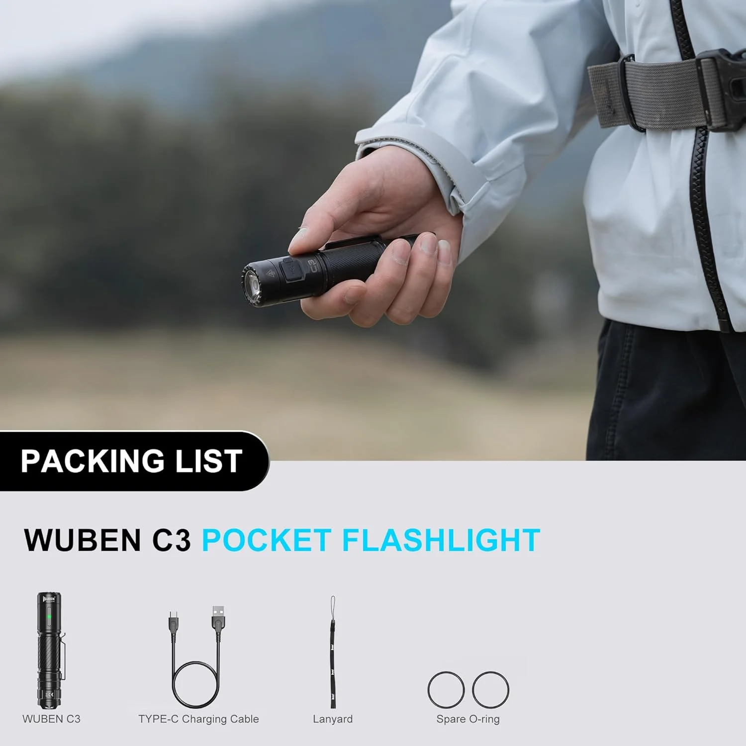 چراغ قوه شارژی WUBEN C3، چراغ قوه LED با 1200 لومن، 6 حالت نوردهی، فوق العاده روشن، ضد آب IP68، مناسب برای کمپینگ، فضای باز، مواقع اضطراری، حمل روزانه، هدیه برای آقایان