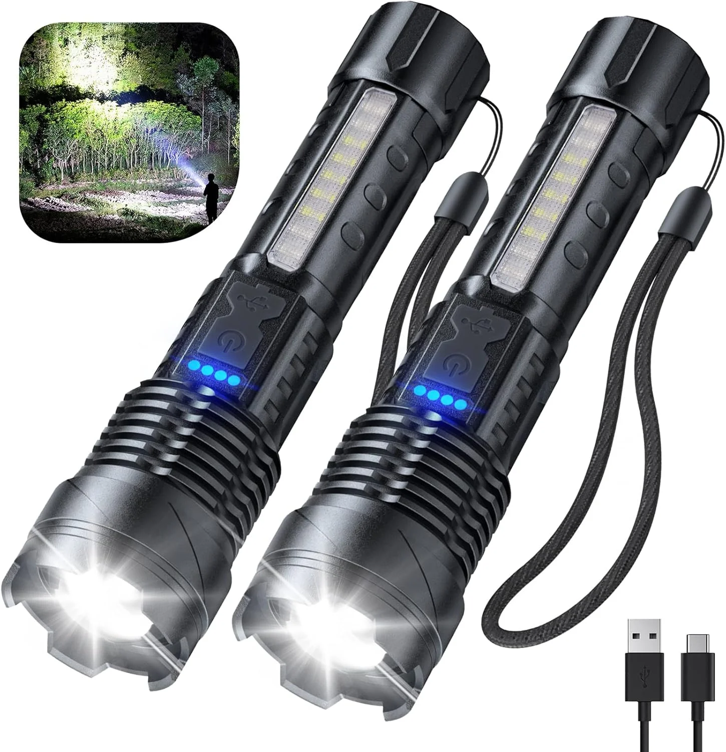 چراغ قوه شارژی Cinlinso با نور بسیار زیاد، بسته 2 عددی، 990000 لومن، چراغ قوه LED فوق العاده روشن با 7 حالت نور، ضد آب IPX6، چراغ قوه دستی قدرتمند برای کمپینگ، خانه و مواقع اضطراری