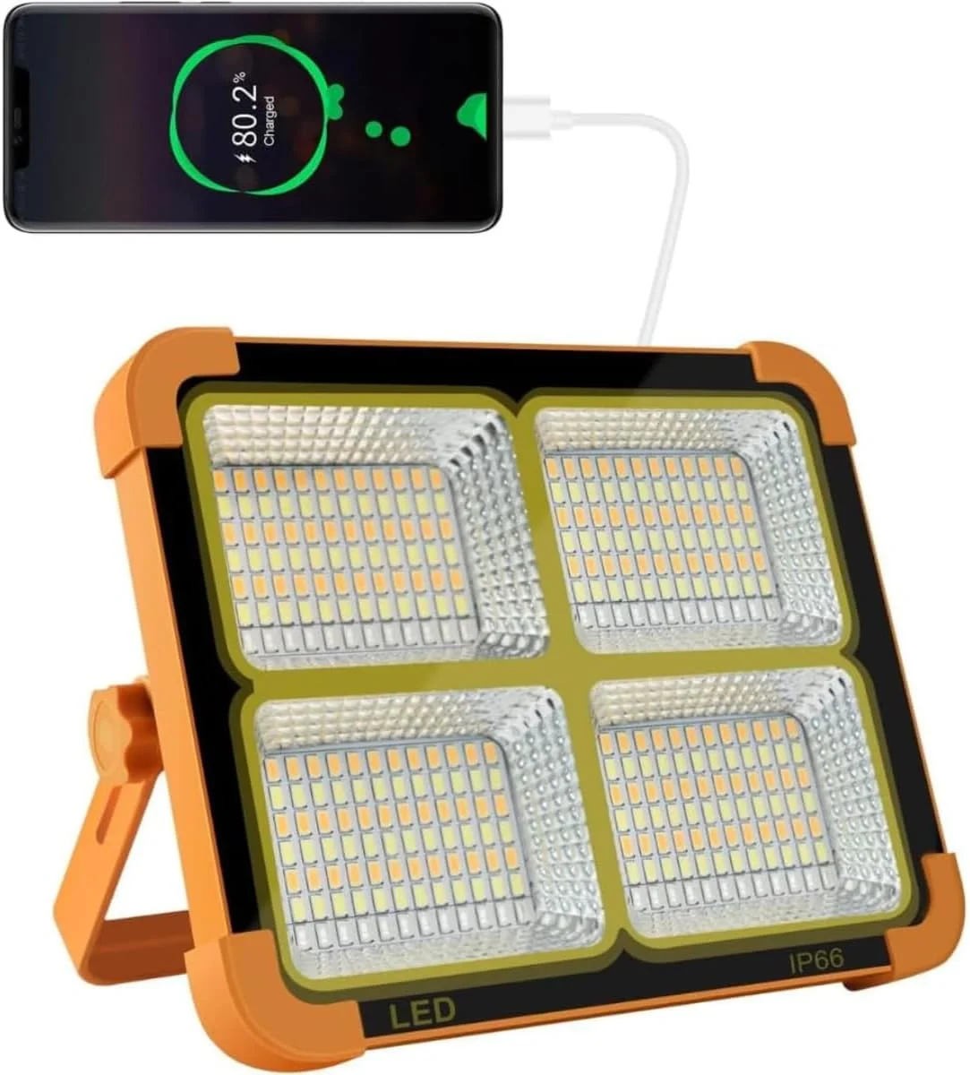 چراغ کار خورشیدی LED قابل حمل | باتری 16500mAh | روشنایی 10000 لومن | کم نور شدن پیوسته | قابل شارژ | چراغ کار اضطراری برای طوفان، تعمیر خودرو | ضد آب IP66 | 336LED (نارنجی)