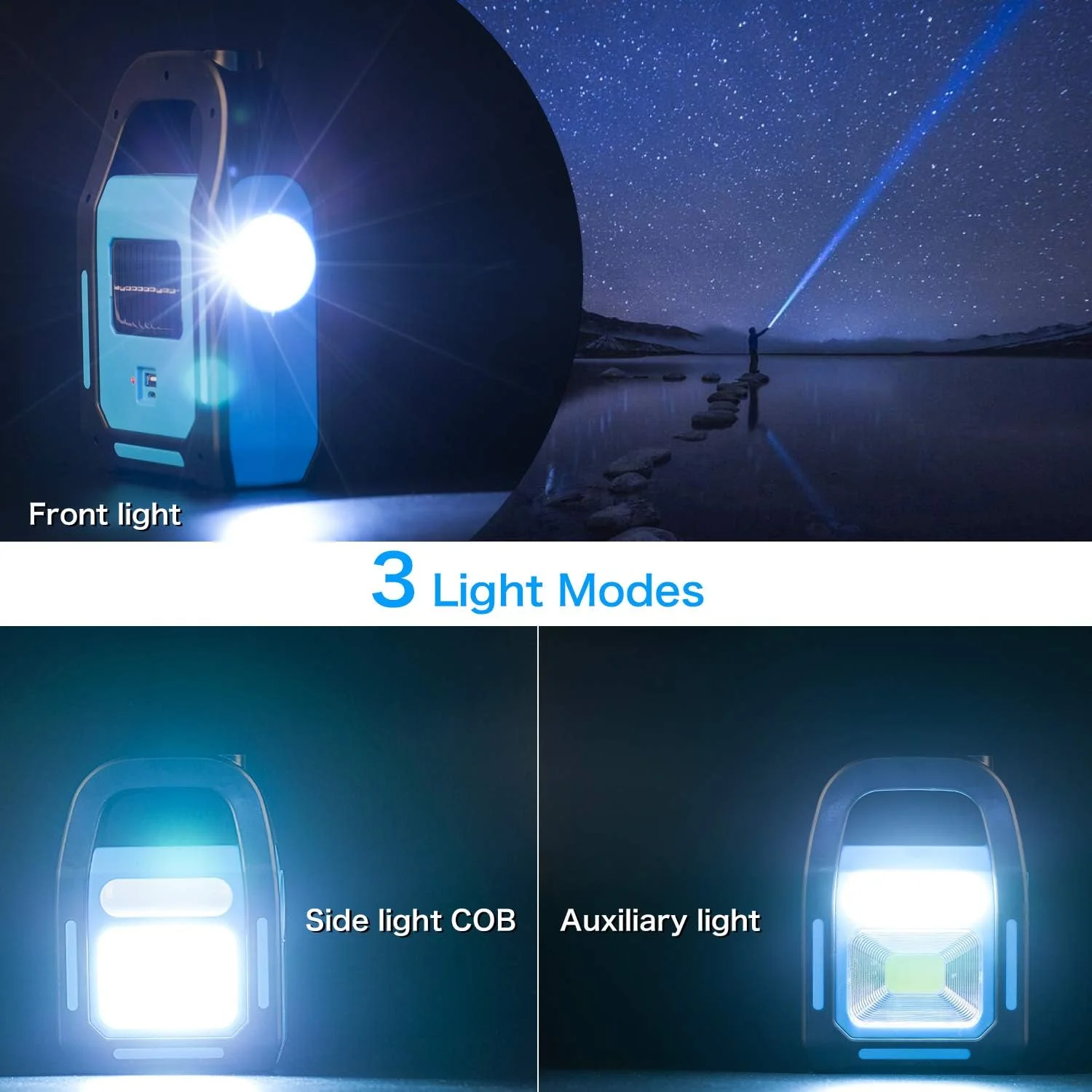 چراغ قوه LED کمپینگ COB با قابلیت شارژ خورشیدی و USB، مدل 3 در 1