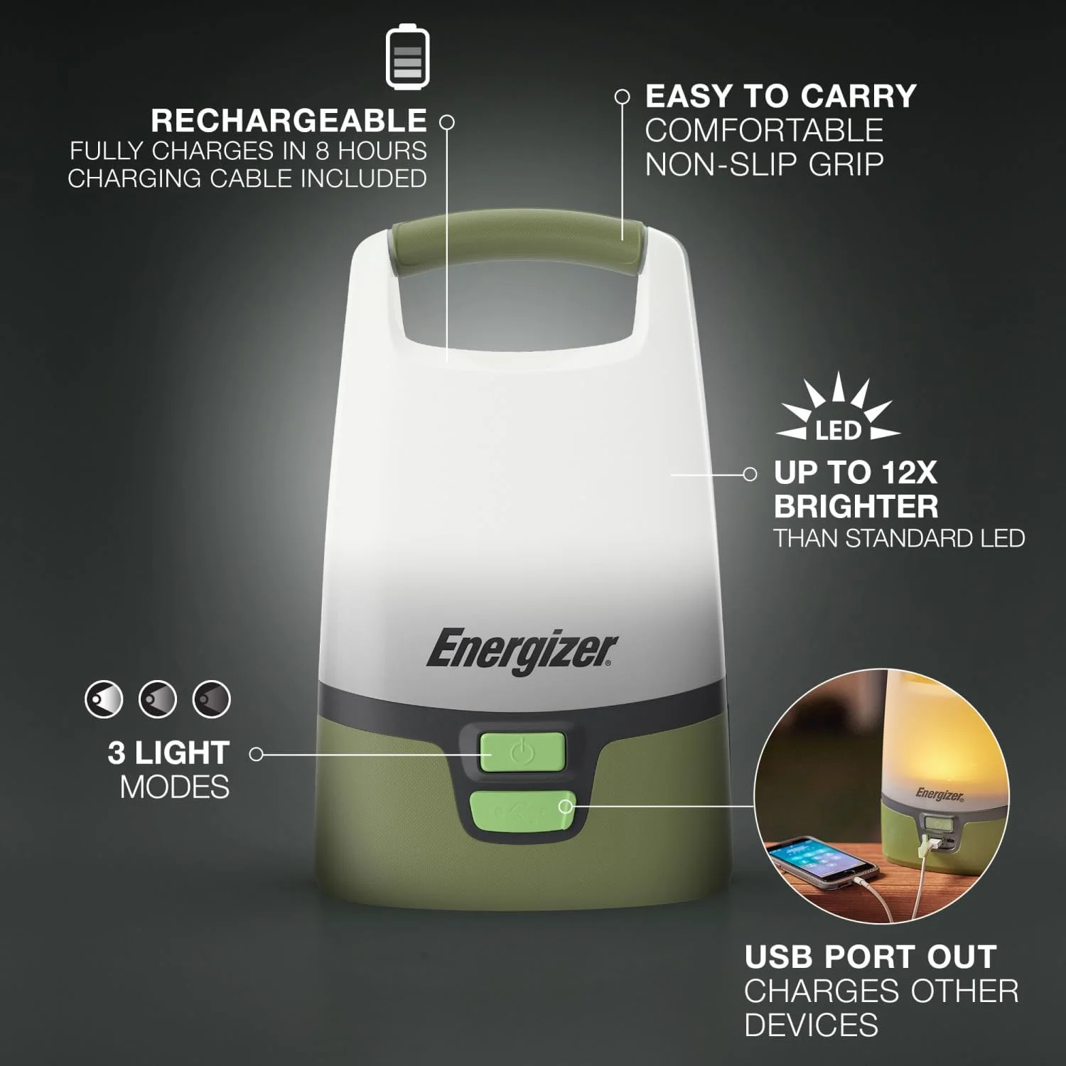 چراغ فانوسی LED شارژی Energizer Vision، چراغ کمپینگ روشن، چراغ اضطراری مقاوم در برابر آب با کابل شارژ Micro-USB، بسته 1 عددی، سبز جنگلی