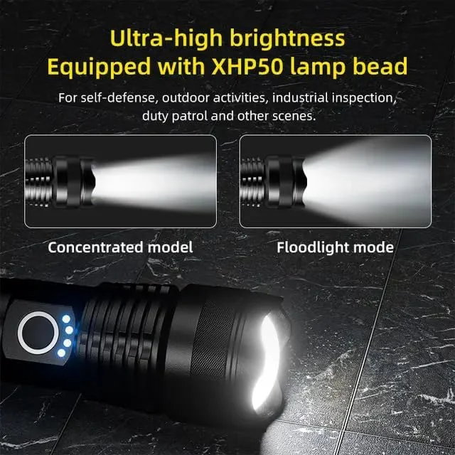 چراغ قوه LED شارژی MSAGREEN با لومن بالا، 150000 لومن فوق العاده روشن، چراغ دستی تاکتیکی، چراغ قوه اضطراری قدرتمند، زوم دار، ضد آب، ماندگاری طولانی، برای هدیه کمپینگ پیاده روی