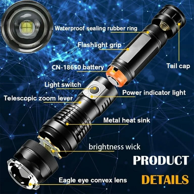 چراغ قوه LED شارژی MSAGREEN با لومن بالا، 150000 لومن فوق العاده روشن، چراغ دستی تاکتیکی، چراغ قوه اضطراری قدرتمند، زوم دار، ضد آب، ماندگاری طولانی، برای هدیه کمپینگ پیاده روی