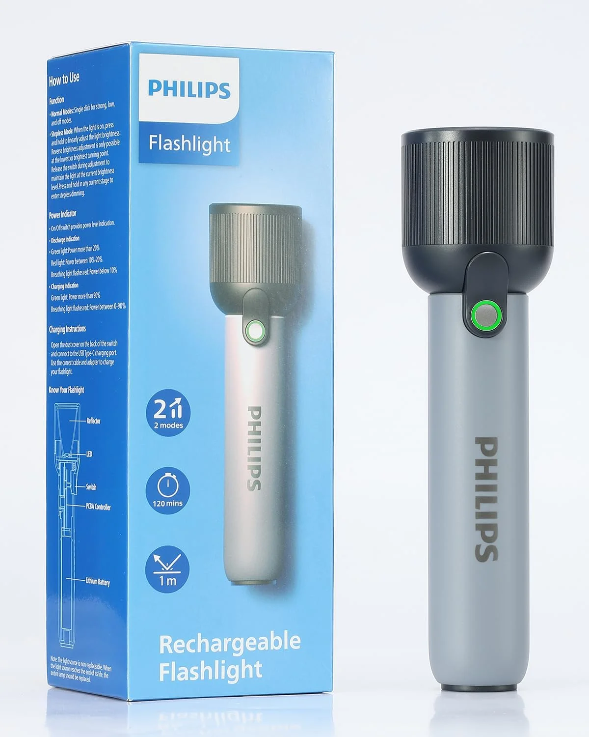 چراغ قوه دستی فیلیپس، چراغ قوه قابل شارژ 2000 میلی آمپر ساعتی با 2 حالت، 400 لومن و ضد آب IP44، چراغ قوه قابل حمل برای خانه، کمپینگ، پیاده روی، مواقع اضطراری (خاکستری)