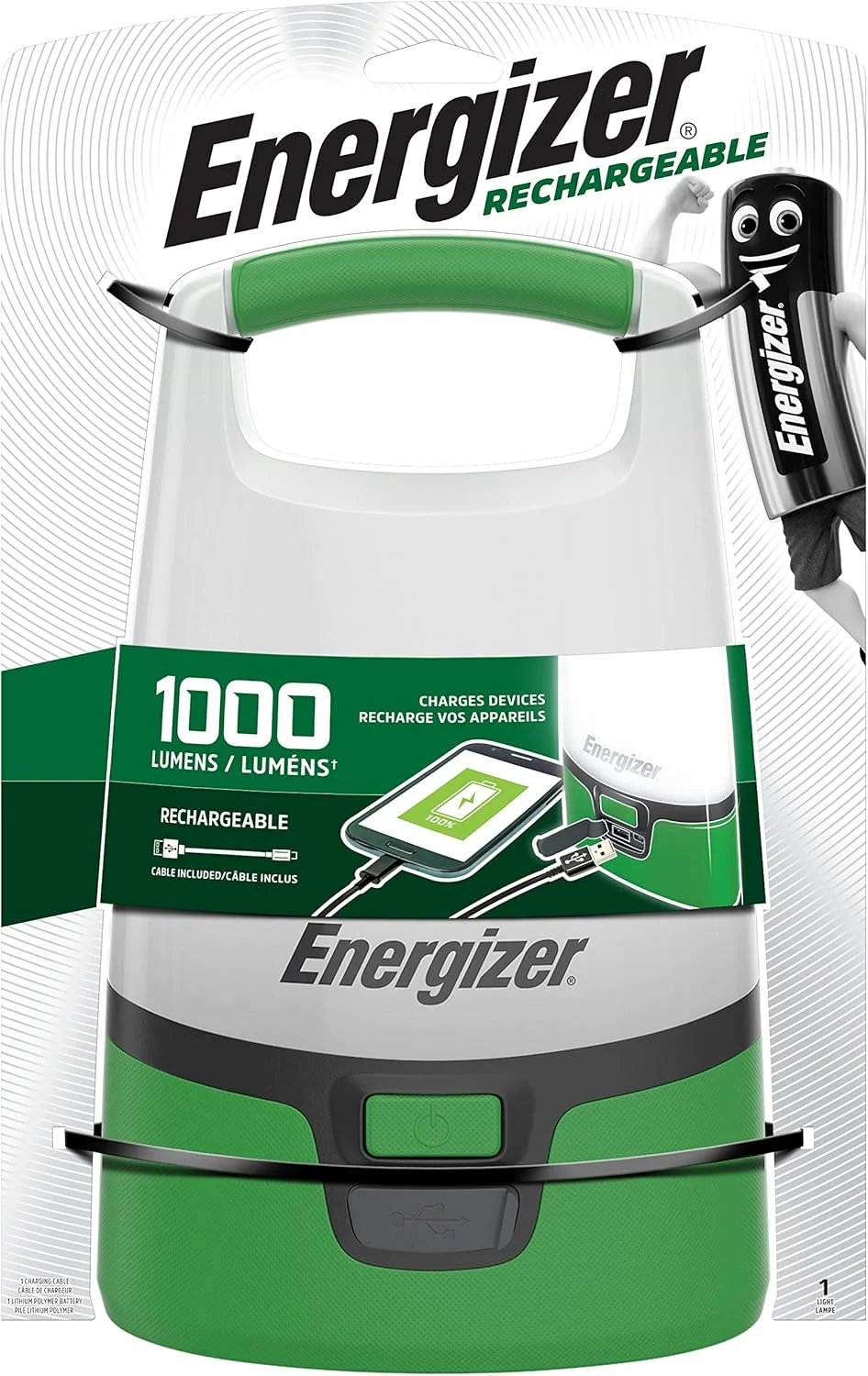 چراغ فانوسی شارژی ال ای دی Energizer Vision 360، مقاوم در برابر آب، 1200 لومن، دارای پورت USB برای شارژ دستگاه های دیگر، شامل کابل شارژ
