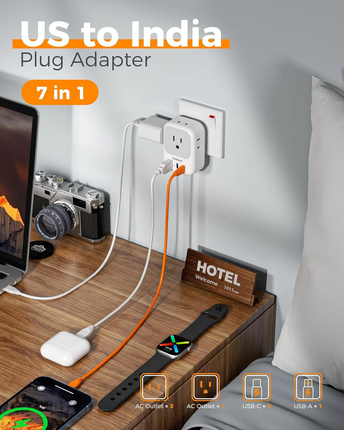 آداپتور مسافرتی هند TESSAN، آداپتور جهانی هند با 4 خروجی AC، شارژر Type C با 3 USB (2 USB C)، لوازم ضروری سفر از آمریکا/مکزیک به هند برای بنگلادش، مالدیو آداپتور مسافرتی هند TESSAN، آداپتور جهانی هند با 4 خروجی AC، شارژر Type C با 3 USB (2 USB C)، لوازم ضروری سفر از آمریکا/مکزیک به هند برای بنگلادش، مالدیو