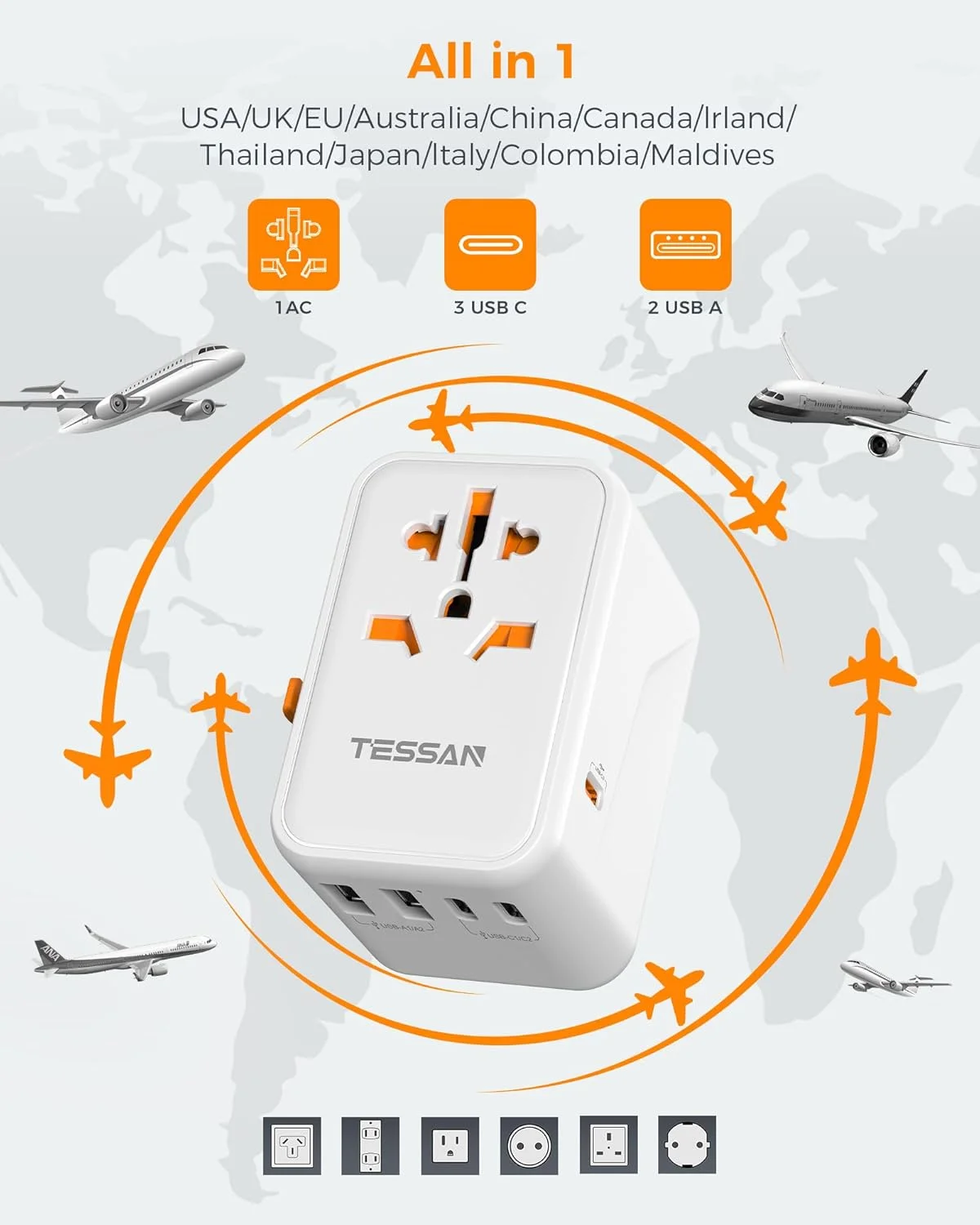 آداپتور مسافرتی جهانی TESSAN، آداپتور دوشاخه بین المللی 65 واتی GaN با 3 پورت USB-C و 2 پورت USB-A، آداپتور برق جهانی برای اروپا، ایالات متحده آمریکا، انگلستان، استرالیا، ایرلند (نوع C/G/A/I) آداپتور مسافرتی جهانی TESSAN، آداپتور دوشاخه بین المللی 65 واتی GaN با 3 پورت USB-C و 2 پورت USB-A، آداپتور برق جهانی برای اروپا، ایالات متحده آمریکا، انگلستان، استرالیا، ایرلند (نوع C/G/A/I)