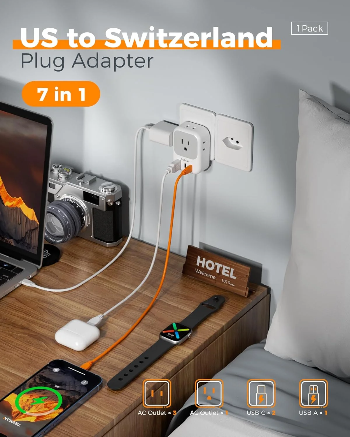 تبدیل برق سوئیس TESSAN، آداپتور برق نوع J سوئیس با 4 پریز برق و 3 پورت USB (2 پورت USB-C)، دوشاخه سوئیسی برای اتصال دستگاه های آمریکایی به رواندا، اردن، لیختن اشتاین، ماداگاسکار، لوازم ضروری سفر