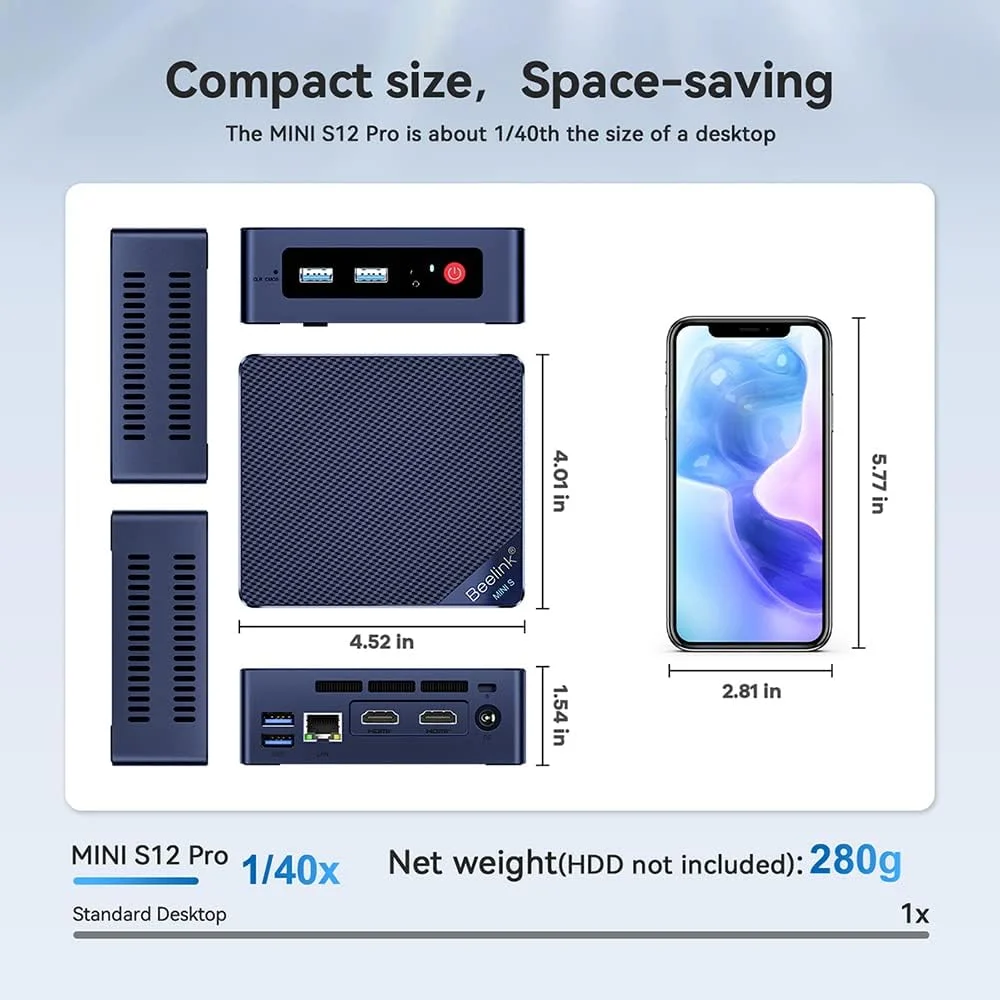مینی کامپیوتر Beelink Mini S12، کامپیوتر کوچک نسل دوازدهم چهارهسته‌ای N100، کامپیوتر رومیزی 16 گیگ رم DDR4 و 500 گیگ SSD، کامپیوتر کوچک 4K UHD با دو خروجی HDMI، دو وای‌فای/گیگابیت اترنت/BT5.2 برای اداره/خانه/HTPC/NAS/W-11 Pro