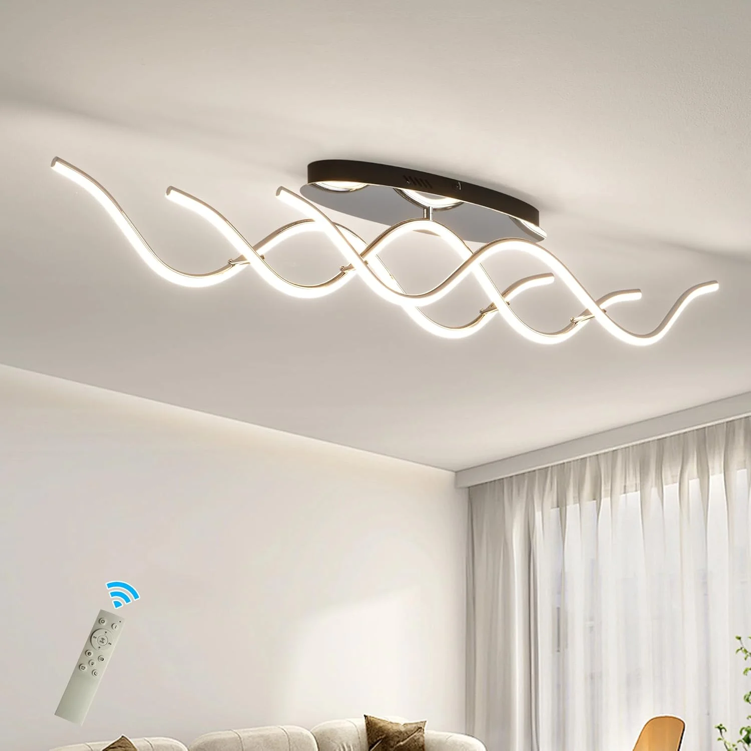 چراغ سقفی مدرن LED با قابلیت تنظیم نور، چراغ نیمه فرورفته کرومی با کنترل از راه دور، چراغ خطی موجی 103 سانتی‌متری برای جزیره آشپزخانه، اتاق نشیمن، اتاق غذاخوری، اتاق خواب، راهرو، 48 وات